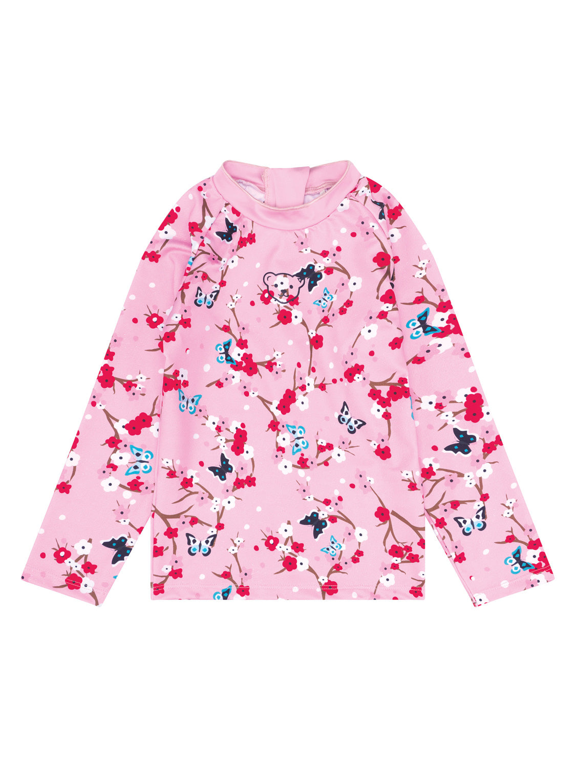 Badeshirt AVA in fairy tale mit langen Ärmeln und hohem Kragen, verziert mit Kirschblütenzweigen, kleinen Blumen und Schmetterlingen, idealer Sonnenschutz für Kinder.
