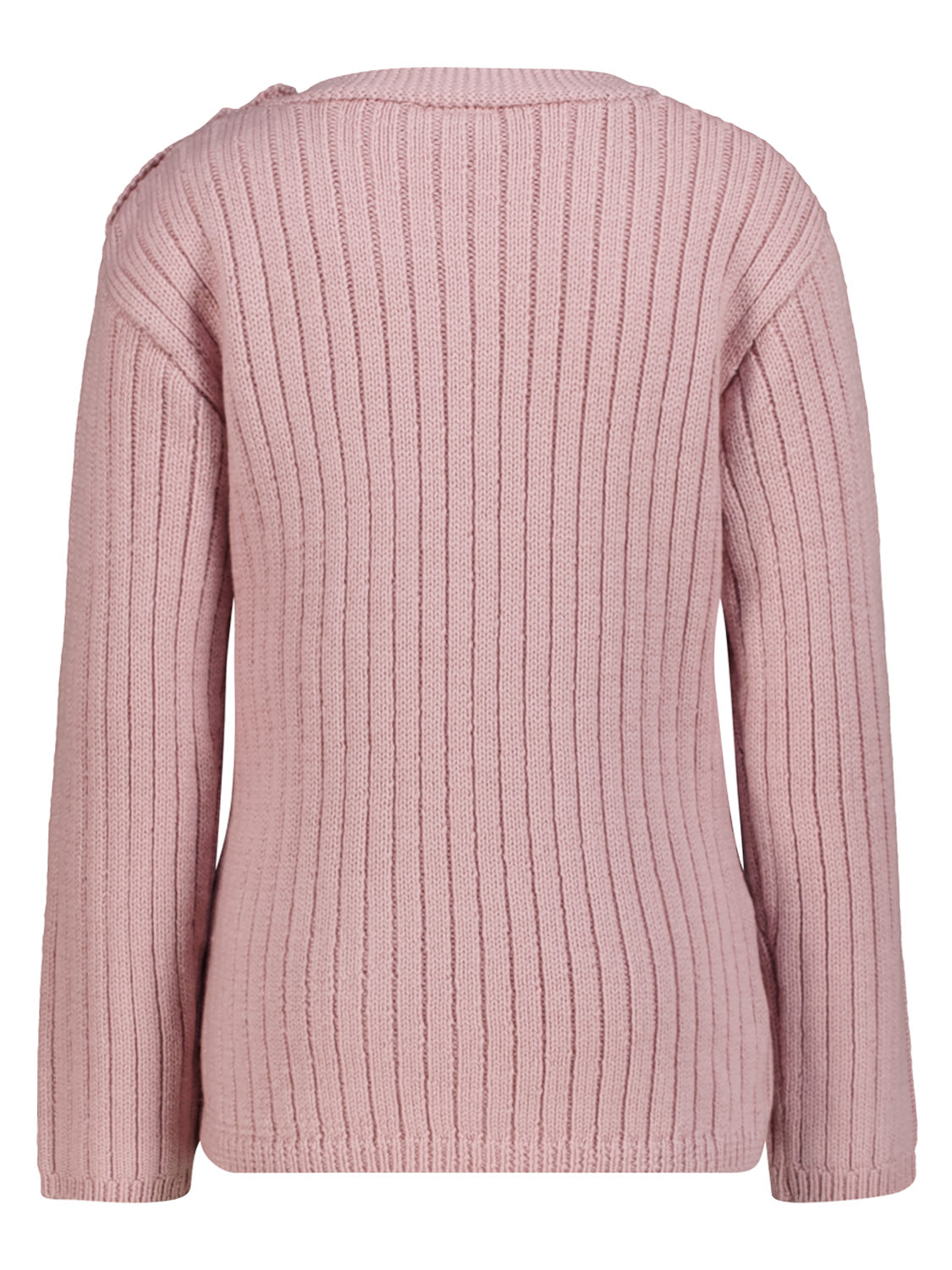 Pullover Rosa Rückansicht zeigt einen langärmeligen, gerippten Strickpullover in gedecktem Pink, ideal für Mädchen, vereint Stil und Komfort aus dem bellybutton Sortiment.