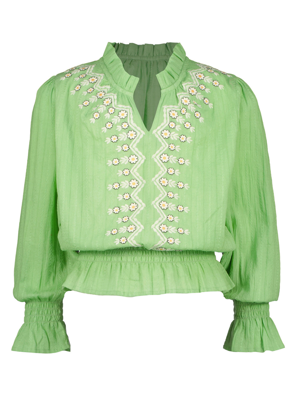 Langarm-Bluse LANA in Minzgrün mit Rüschenkragen, gelber und weißer Blumenstickerei, leicht gepufften Ärmeln, gesmoktem Bund und elastischen Rüschenmanschetten.