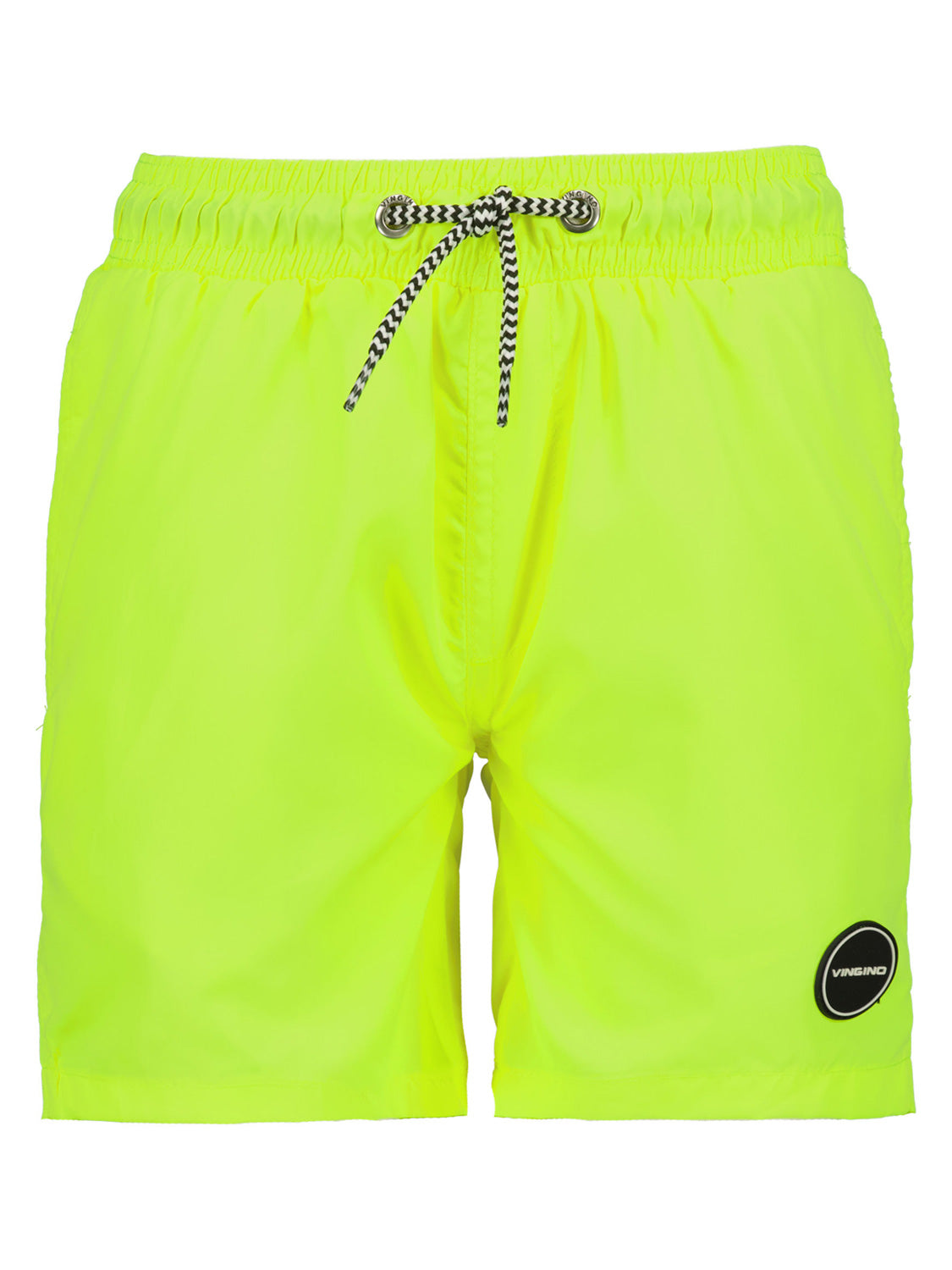 Badeshorts XARI in Neon-Gelb mit elastischem Bund, schwarz-weißem Kordelzug, seitlichen Taschen und schwarzem Logo-Patch am rechten Bein, ideal für sportliche Aktivitäten.