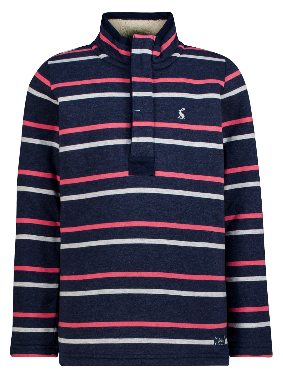 Pullover Blau: Kinderpullover mit langen Ärmeln, Stehkragen und Knopfverschluss, aus weichem Fleece. Navy-Blau mit rosa und grauen Streifen, ideal für gemütliche Momente.