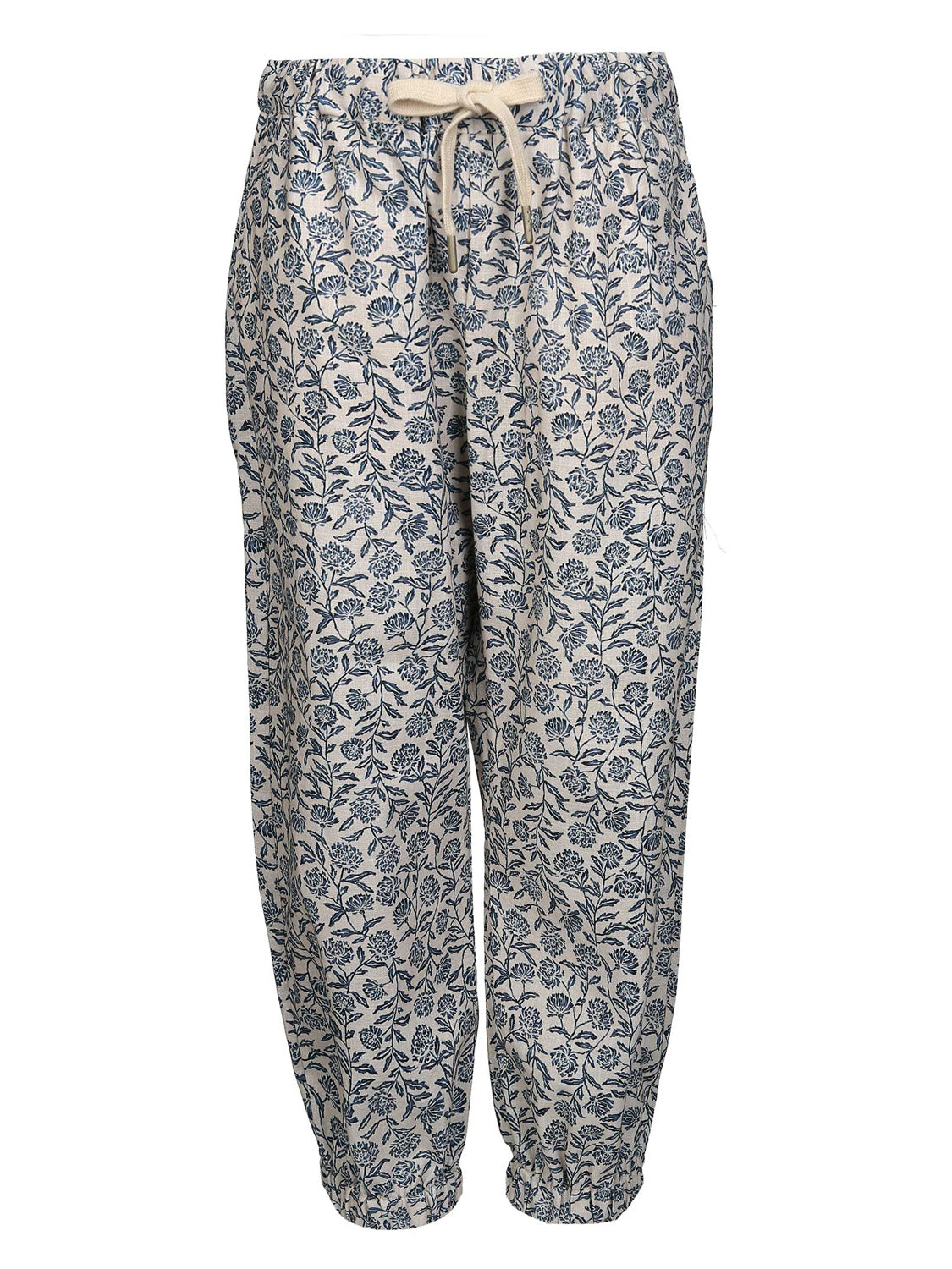 Stoffhose Beige: Locker sitzende Damenhose mit elastischem Bund und Kordelzug, dunkelblauem Blumenmuster und elastischen Bündchen, ideal für bequeme Freizeitkleidung.