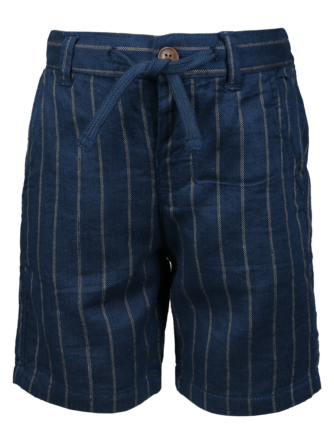 Bermuda-Shorts STRIPES in indigo mit dünnen, hellen Streifen, Gürtelösen, Seitentaschen, Knopfverschluss und Kordelzug, ideal für stilvolle Kinder- und Teenagermode.