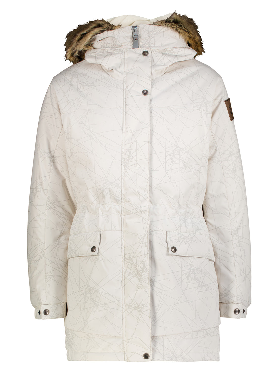 Winterjacke Pearl Weiß: Damenparka in hellem Elfenbein, mit braunem Kunstfell an der Kapuze, Taillenbetonung, verdecktem Reißverschluss, zwei Taschen und dezentem Muster für kalte Tage.