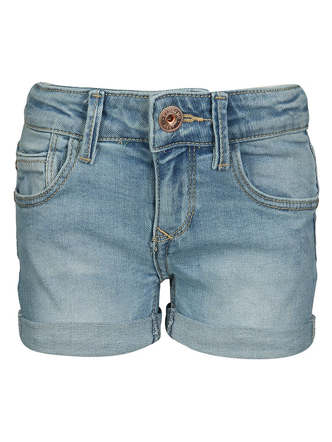Jeans-Shorts DAIZY High Waist in light indigo mit Gürtelschlaufen, vorderen Taschen, Knopfverschluss und aufgerollten Säumen, ideal für stilvolle Umstands- und Kindermode bei bellybutton.