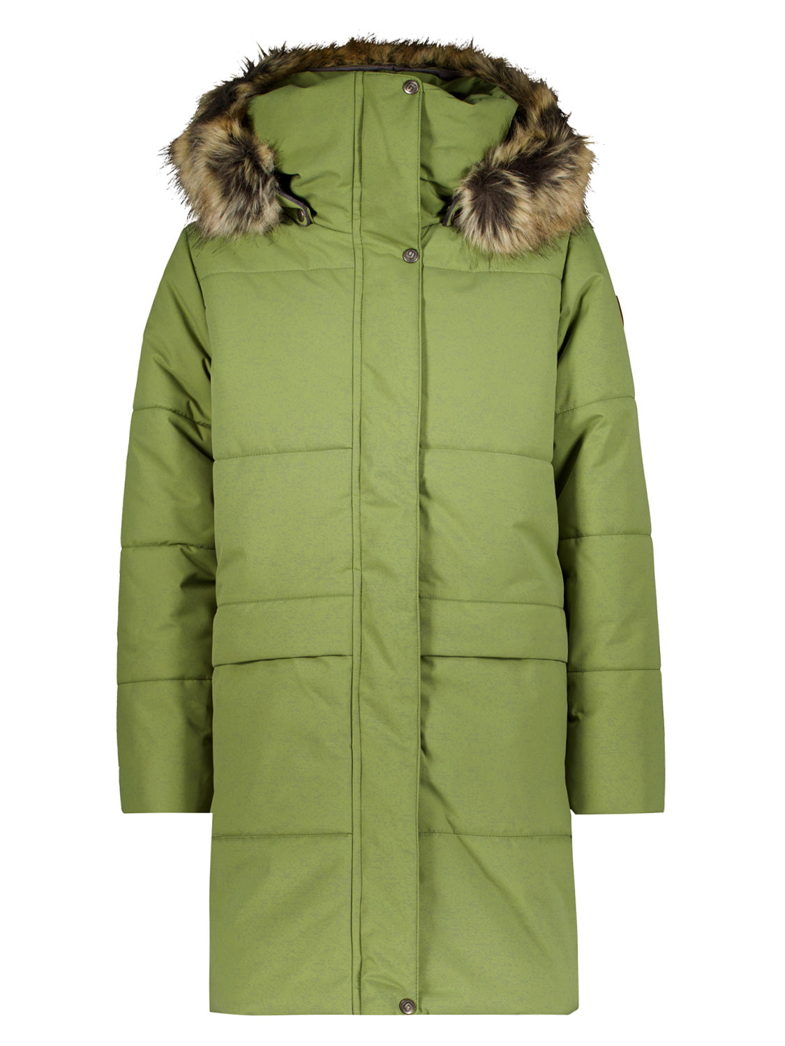Wintermantel Dora Olivgrün: Langer, gesteppter Parka mit Kapuze und Kunstfellbesatz, ideal für kalte Wintertage. Perfekt für stilvolle Wärme und Komfort.