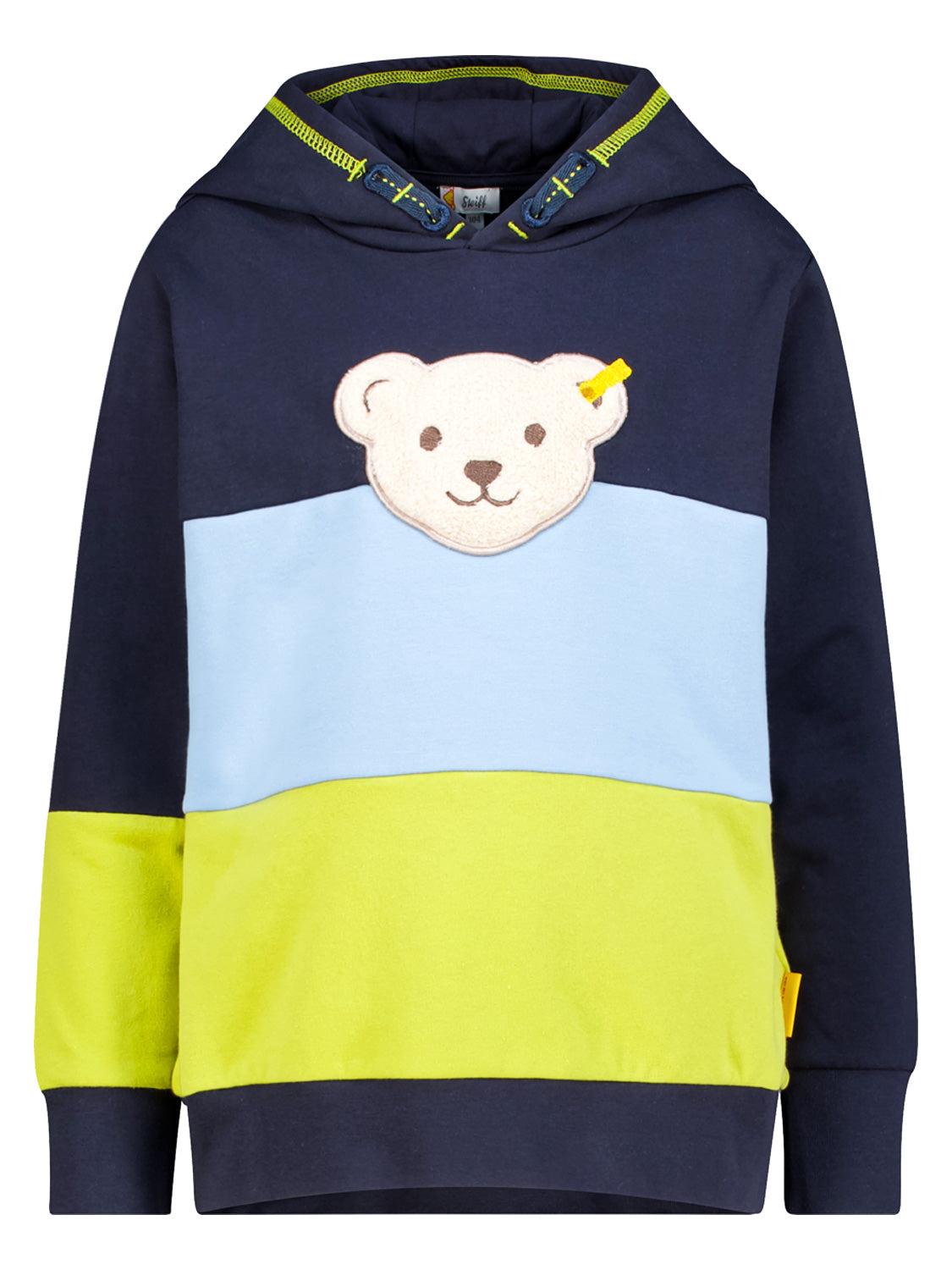 Kinderpullover Hoodie Marineblau mit Farbblock-Design, Teddybär-Applikation auf der Brust, neonfarbene Details und kontrastreiche Nähte, ideal für stilvolle Kinderbekleidung von bellybutton.