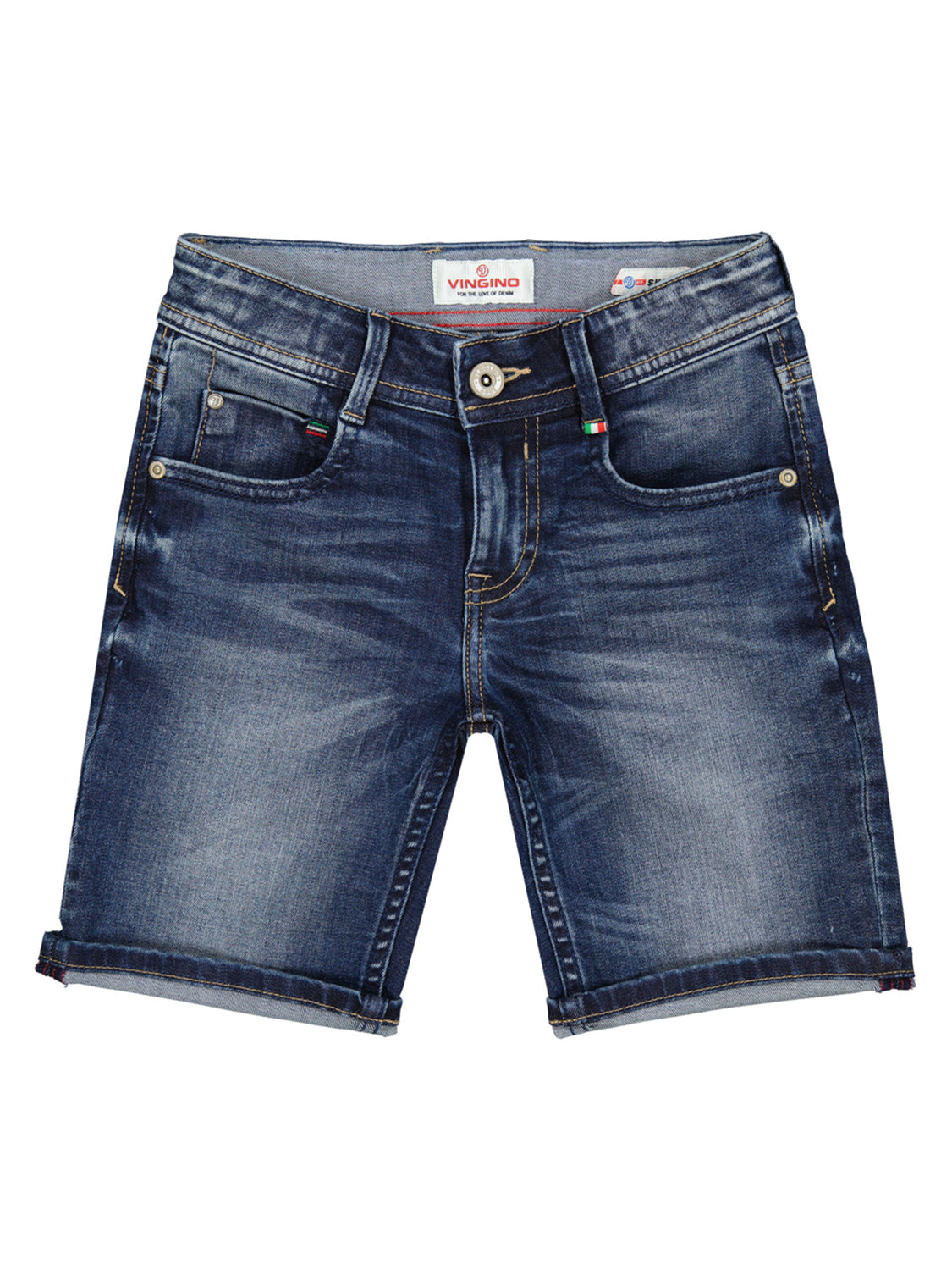 Jeans-Shorts CHARLIE in deep dark deepdark mit umgeschlagenem Saum und sichtbarem Vingino-Label am Bund, ideal für stilbewusste Kinder im bellybutton-Shop.