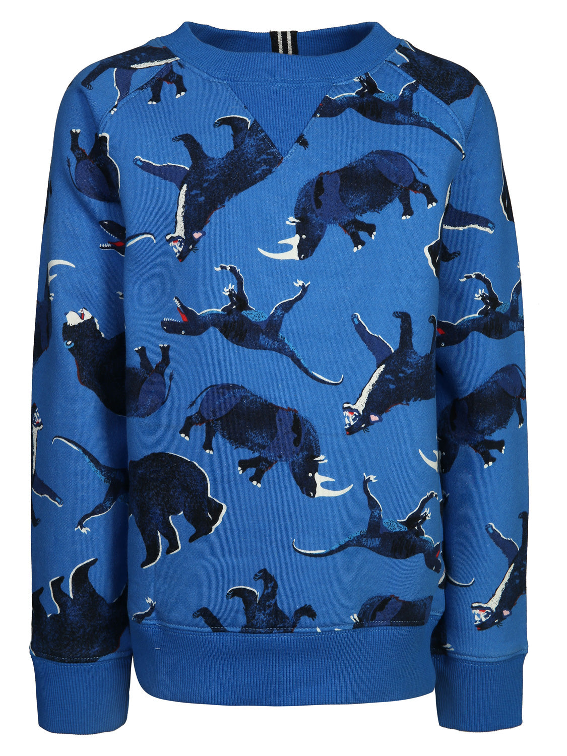 Sweatshirt Blau: Kinder Langarmshirt mit hornförmigen Tiermotiven, aus weicher, innen angerauter Baumwoll-Polyester-Mischung. Gerippte Abschlüsse an Bündchen, Saum und Kragen.