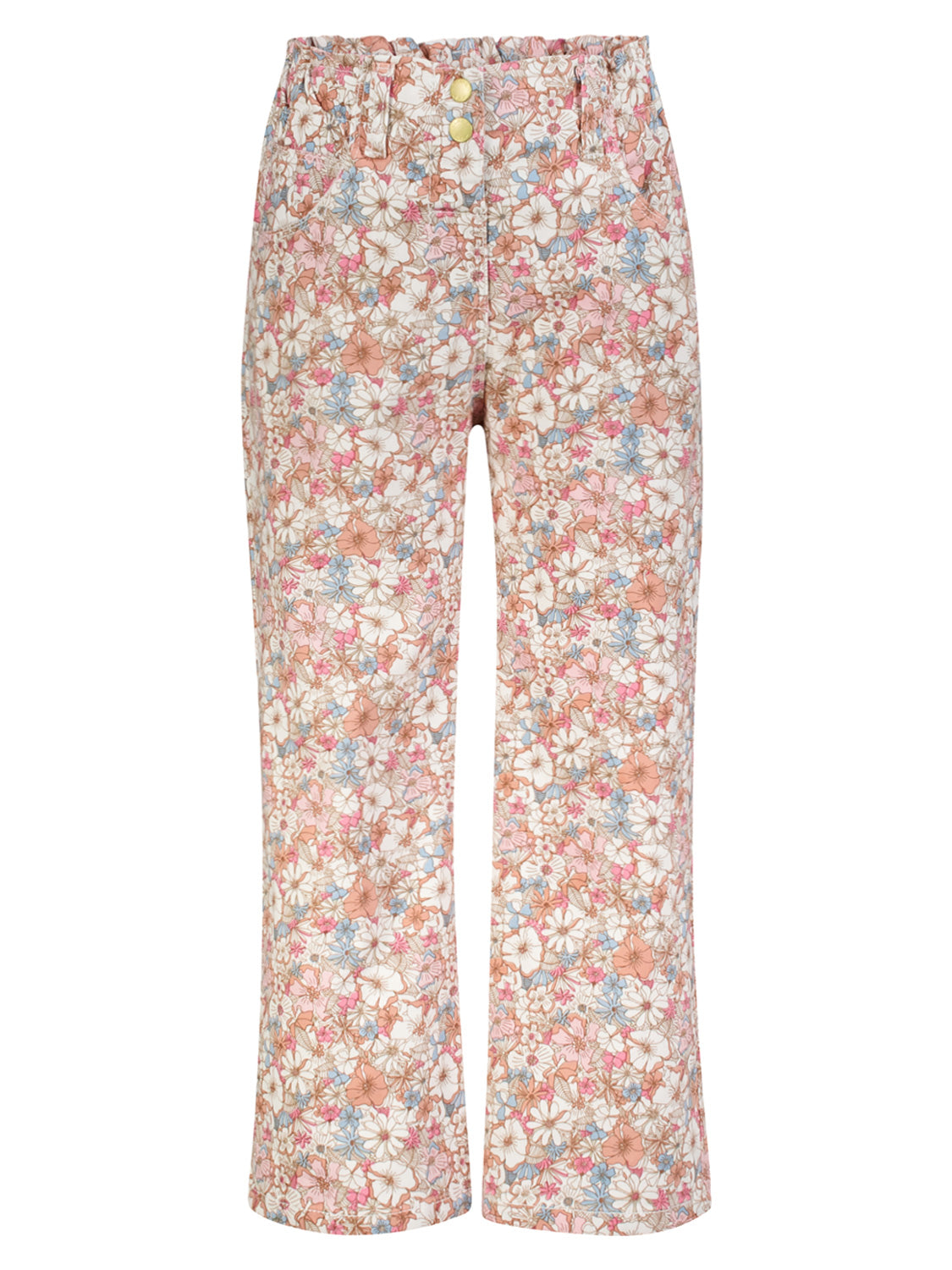 Hose Rosa: Damenhose mit hoher Taille, weitem Bein und Blumenmuster. Sie besitzt einen Paperbag-Bund, Gürtelschlaufen, zwei Knöpfe vorne und Seitentaschen.
