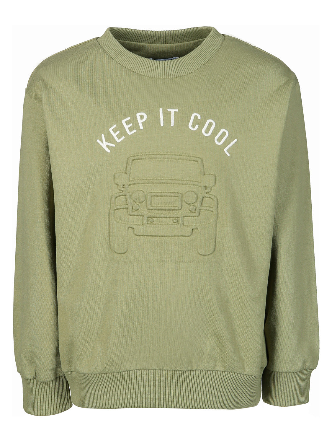 Pullover KEEP IT COOL in leguangrün mit geprägtem Offroad-Fahrzeug und KEEP IT COOL-Schriftzug. Bündchen an Ärmeln, Saum und Halsausschnitt. Ideal für modische Kids.