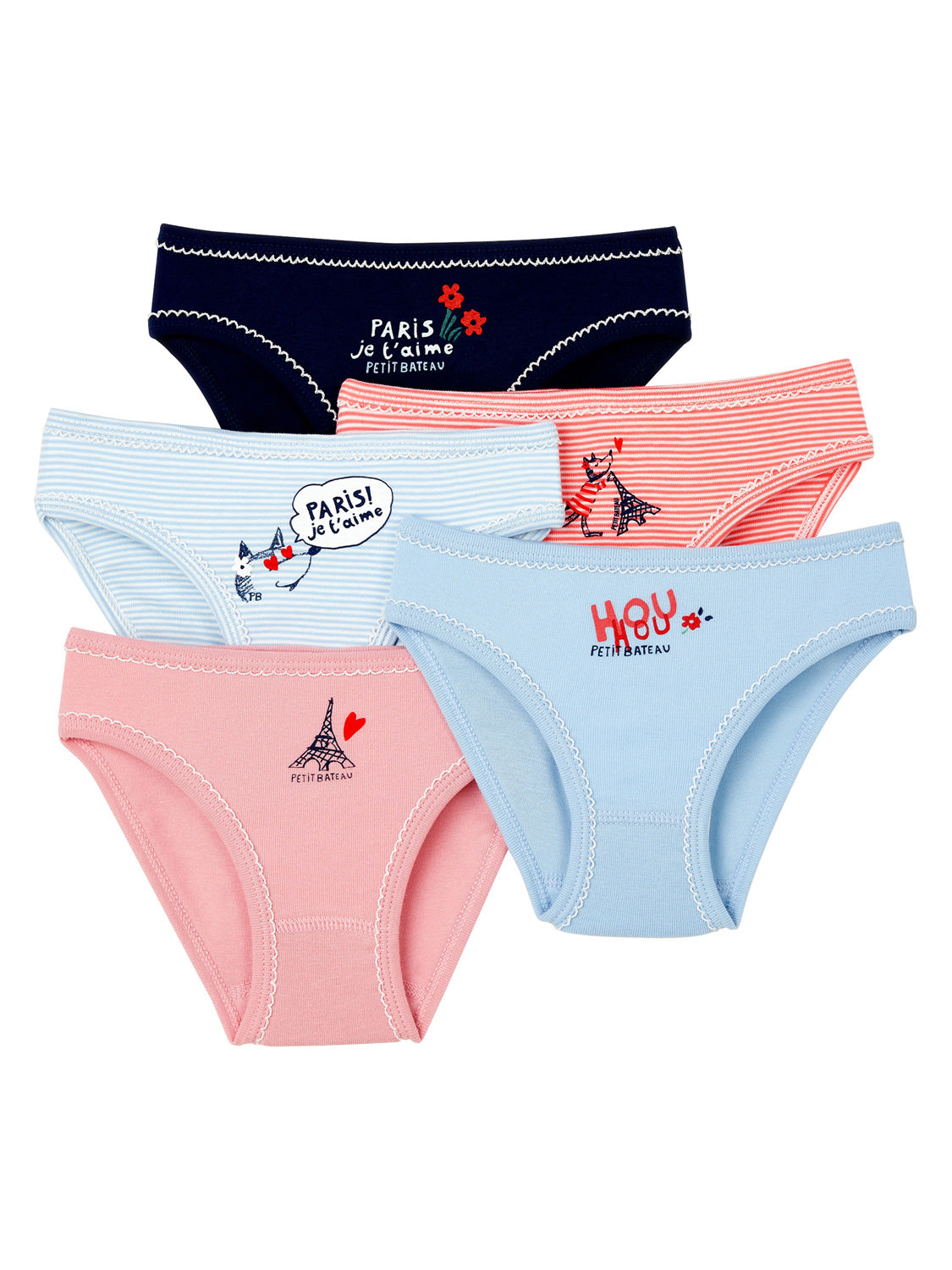Unterhose PARIS 5er-Pack in multico multico: Fünf Mädchen-Slips mit Paris-Themen, dekorativen Details, Blumen- und Katzenmotiven, ideal für bequemen, stilvollen Tragekomfort aus weicher Baumwolle.