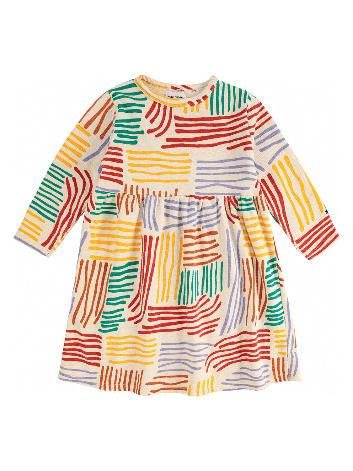 Langarm-Kleid CRAZY LINES AOP in multicolor von Bobo Choses, ein Kinderkleid aus Baumwollstrick mit handgezeichneten Streifen in verschiedenen Farben, ideal für stilvolle Kindermode.