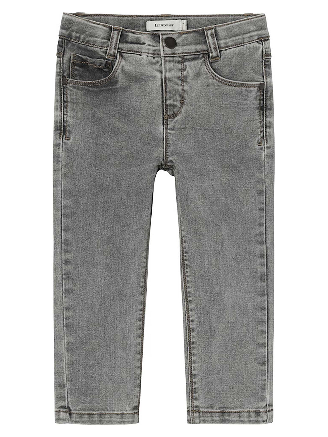 Jeans Grau: Slim-Fit-Jeans mit Gürtelschlaufen, vorderen Taschen und Knopfverschluss, ideal für stilbewusste Teens und Mütter im bellybutton-Modeuniversum.