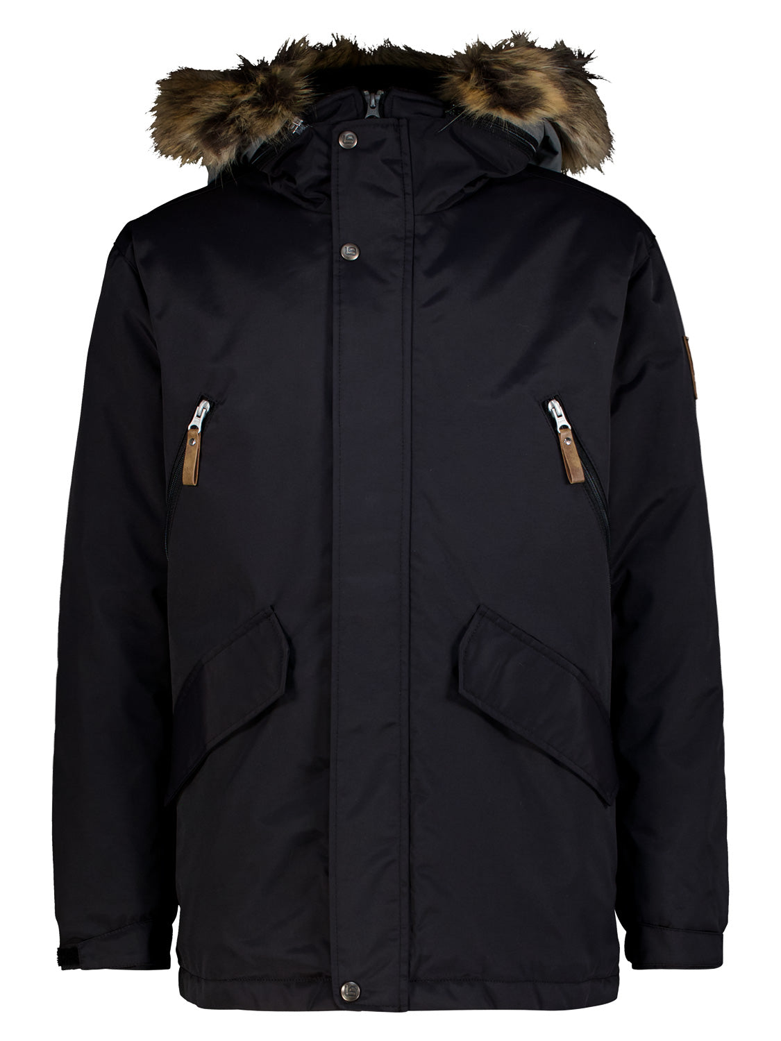 Winterjacke Willem Schwarz: Schwarzer Herrenparka mit Kunstfellkapuze, verdecktem Reißverschluss, Brustreißverschlusstaschen, großen Klappentaschen und verstellbaren Manschetten. Ideal für kalte Wintertage.
