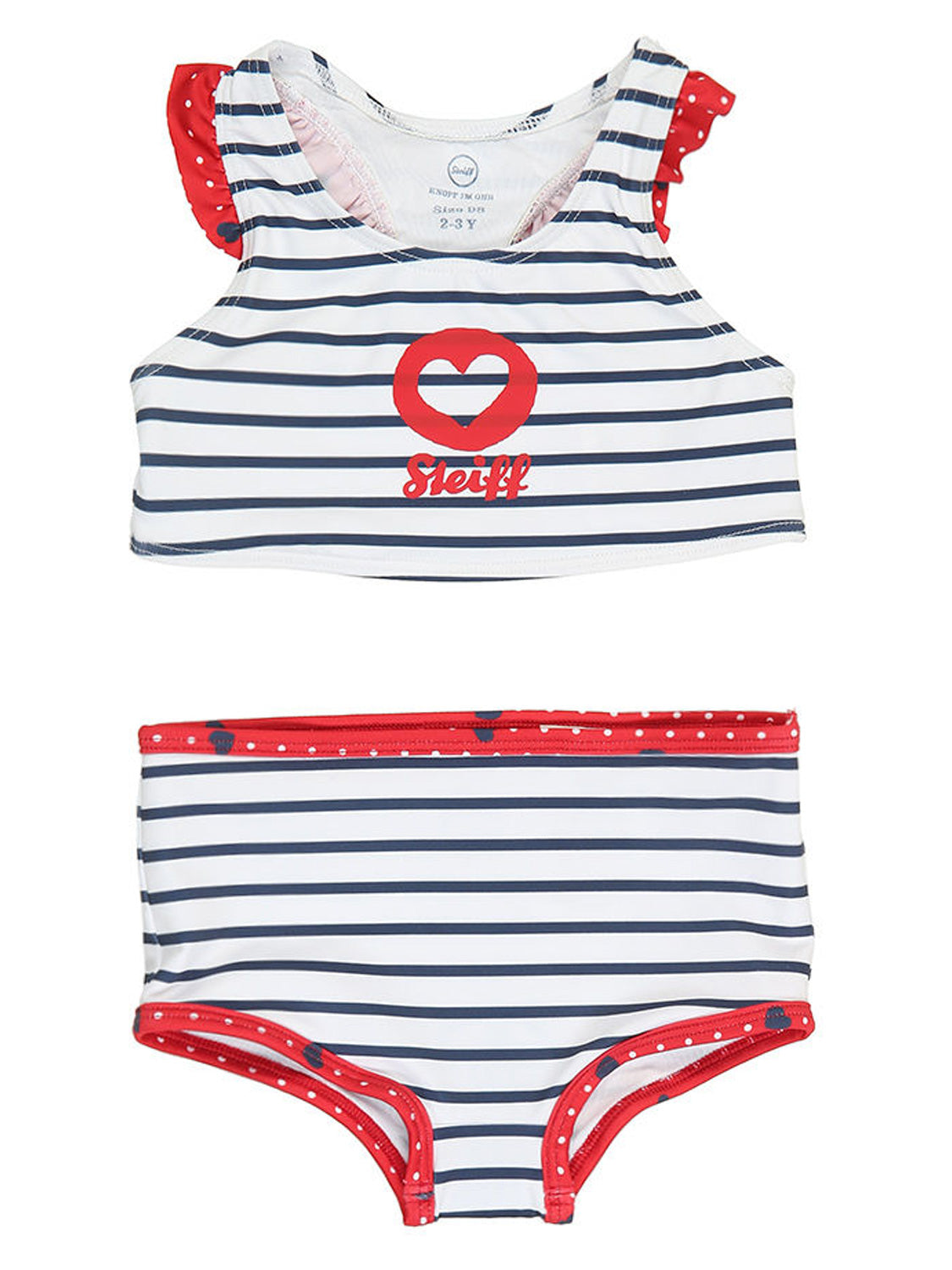 Zweiteiliges Bikini-Set Bikini BADEZEIT gestreift in navy: Crop-Top mit Herzmotiv und rotem Schriftzug Steiff, dazu passende hochgeschnittene Badehose mit roten Rüschen und weißen Punkten.