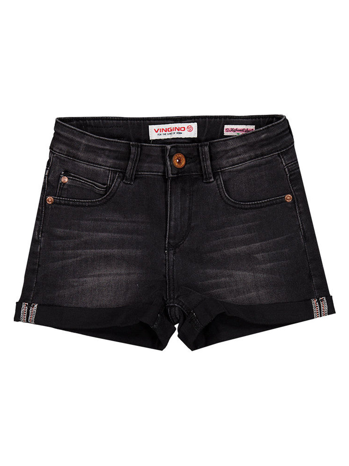 Jeans-Shorts DAIZY VINTAGE High Waist mit umgeschlagenem Saum und fünf Taschen, Label Vingino im Bund sichtbar, ideal für lässige Kinder- und Teenagermode von bellybutton.