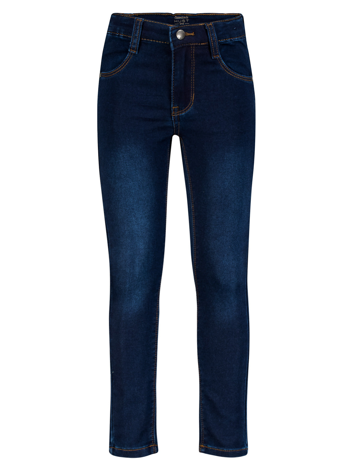 Jeans Marineblau: Dunkelblaue Slim-Fit-Jeans für Kinder mit fünf Taschen, mittelhohem Bund und Kontrastnähten, ideal für Alltag und besondere Anlässe.