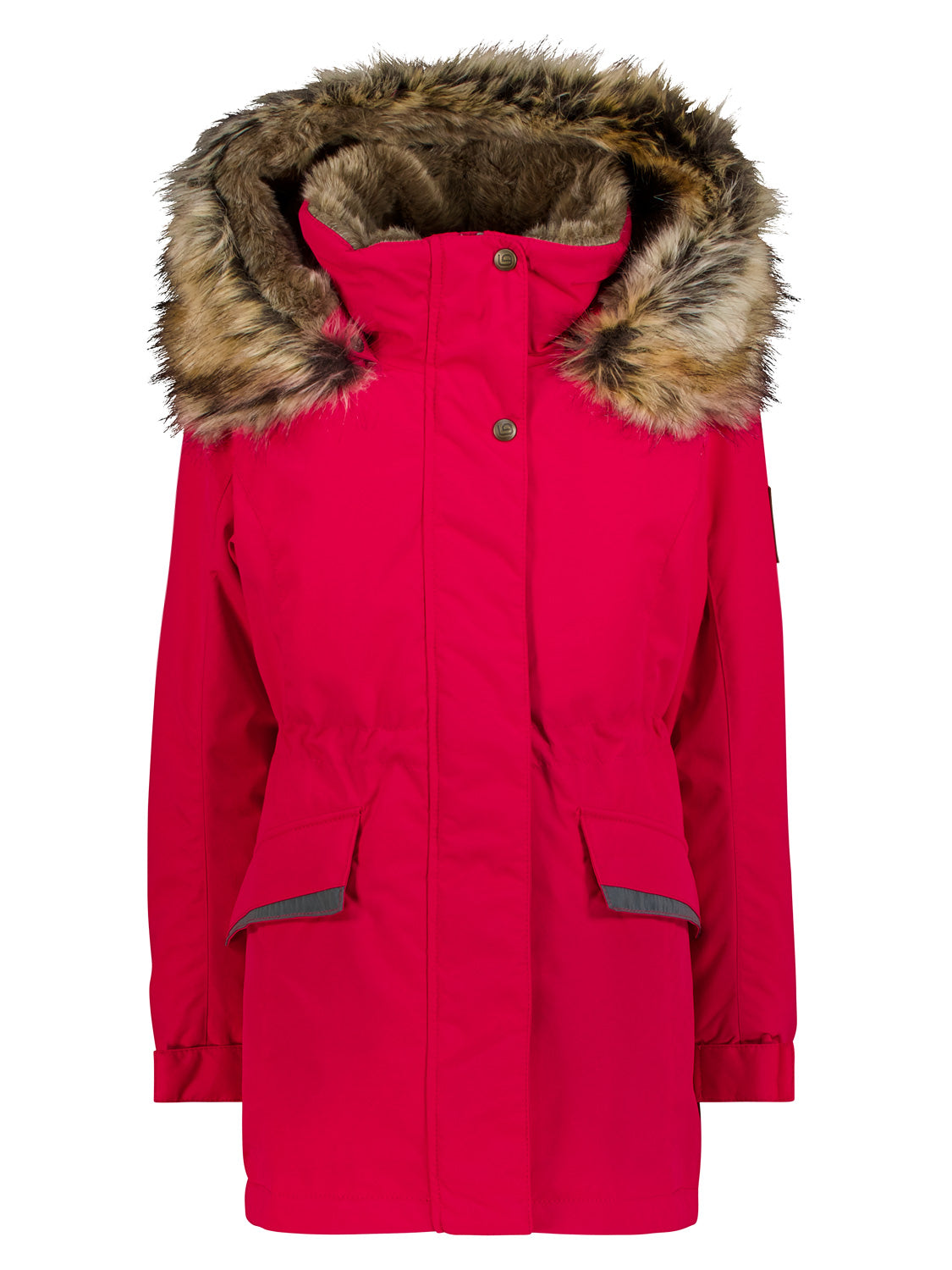 Winterjacke Ella Pink: Damenparka mit langem Schnitt, Kapuze mit Kunstfell, zwei Fronttaschen und vollständigem Verschluss, ideal für kalte Wetterbedingungen.