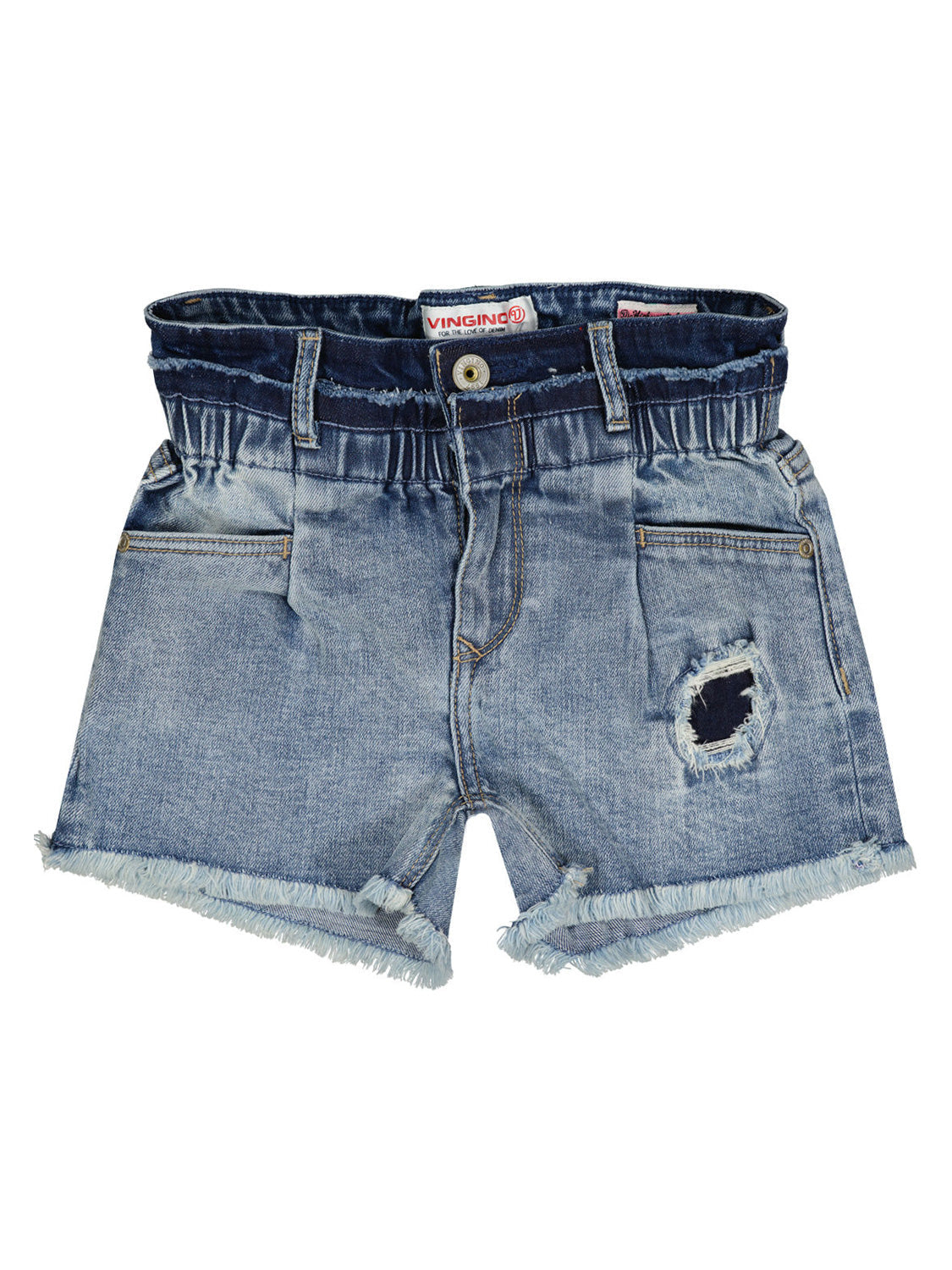 Jeansshorts DORA in old vintage oldvintage mit fransigem Saum, kleiner Riss am Bein, Gürtelschlaufen, Fronttaschen und Knopf-Reißverschluss. Ideal für stilvolle, lässige Kindermode.
