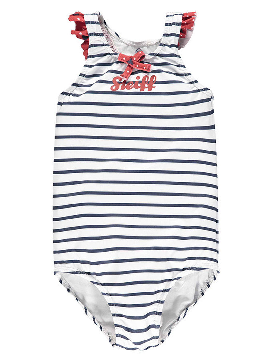 Badeanzug BADEZEIT gestreift in navy: Einteiler mit blauen Streifen, rot-weiß gepunkteten Rüschen, roter Schleife vorne, Steiff-Logo unter dem Ausschnitt. Perfekt für Kinder.