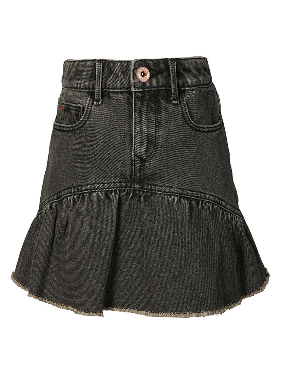 Jeans-Rock DAGMAR mit hohem Bund, klassischem Fünf-Taschen-Design und gerafftem Saum. Ideal für trendige Looks in der Schwangerschafts- und Kindermode von bellybutton.