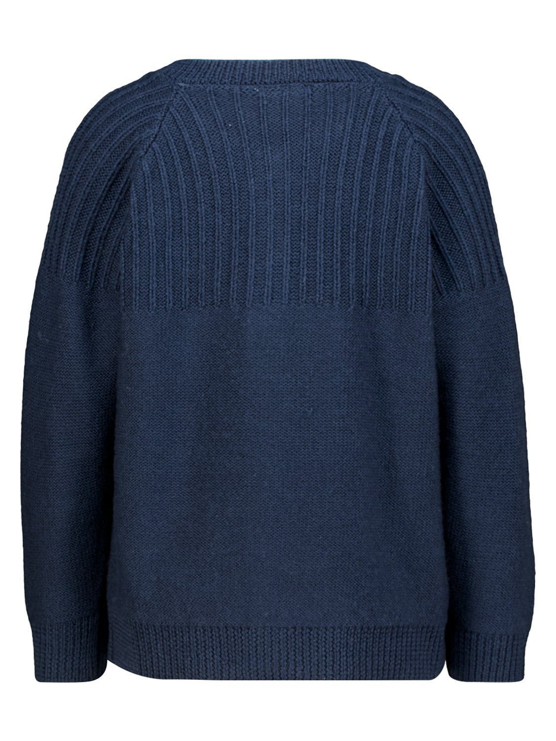 Rückansicht der Strickjacke Marineblau mit geripptem Joch, Bündchen und Saum. Perfekt für kühlere Tage, geeignet für Alltag und besondere Anlässe.