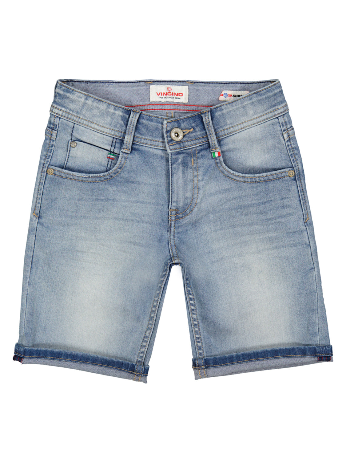 Jeans-Shorts CHARLIE in light vintage lightvintage, mit umgeschlagenen Säumen, Fronttaschen, Gürtelschlaufen und „Vingino“-Label am Bund, ideal für modische Kindermode von bellybutton.