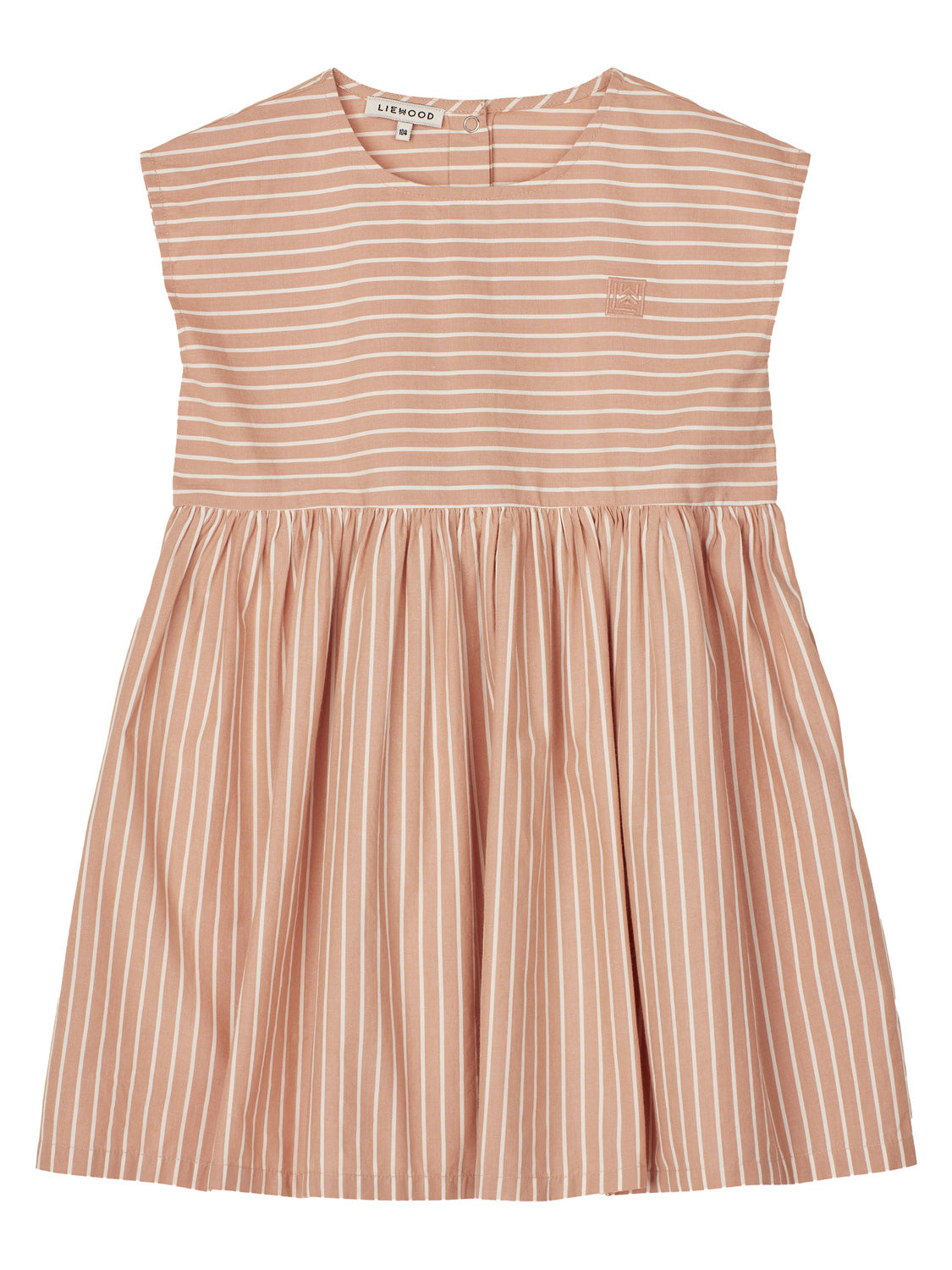 Kleid NIRA gestreift in tuscany rose: Ärmelloses Mädchenkleid mit horizontal gestreiftem Oberteil, rundem Ausschnitt, vertikal gestreiftem, gerafftem Rock und kleinem „LIEWOOD“-Label hinten.