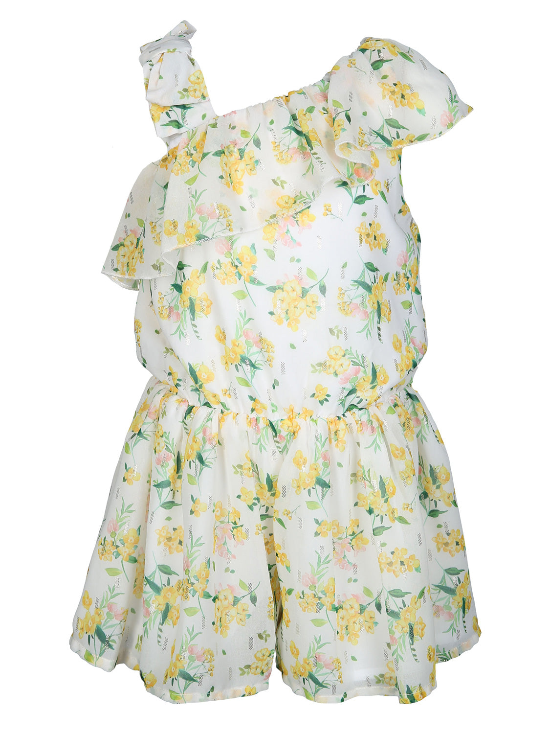 One-Shoulder-Jumpsuit FLOWERS in weiß mit Rüschen, elastischem Bund und geblümtem Muster in Gelb und Grün, ideal für modische Anlässe bei bellybutton.