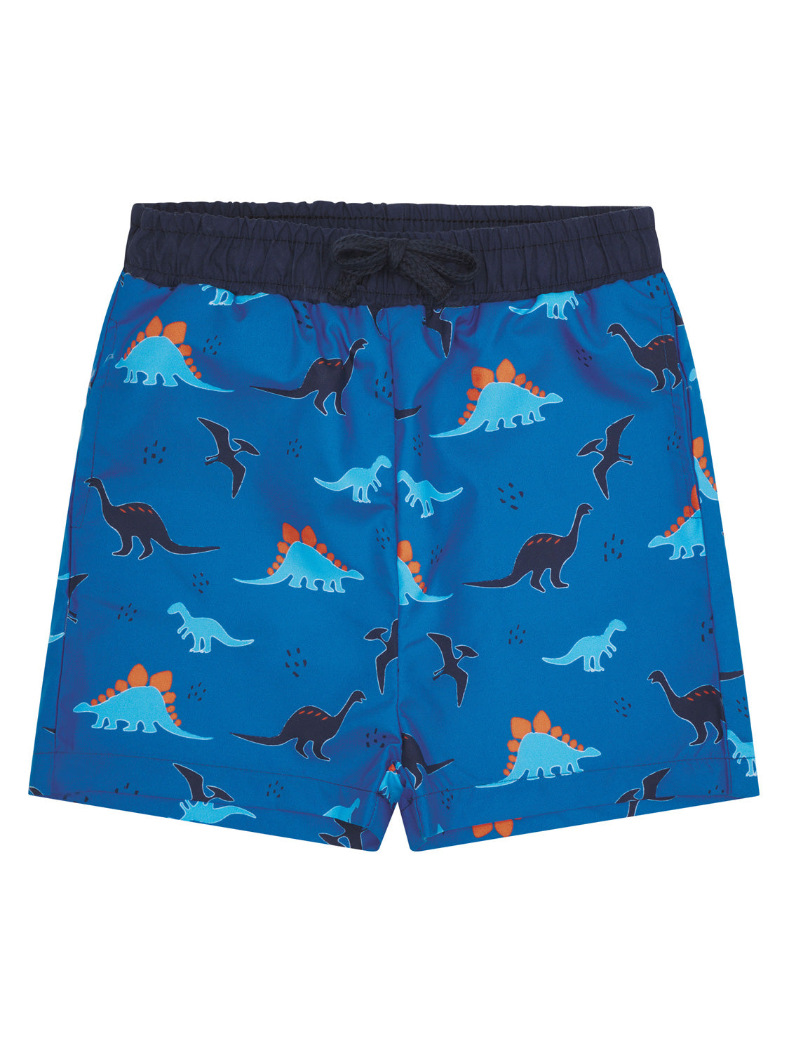 Kinder-Badeshorts DINO FIETE in Vallarta Blue mit elastischem Marinebund, Kordelzug und Cartoon-Dinosaurier-Prints in verschiedenen Blautönen und Akzenten.