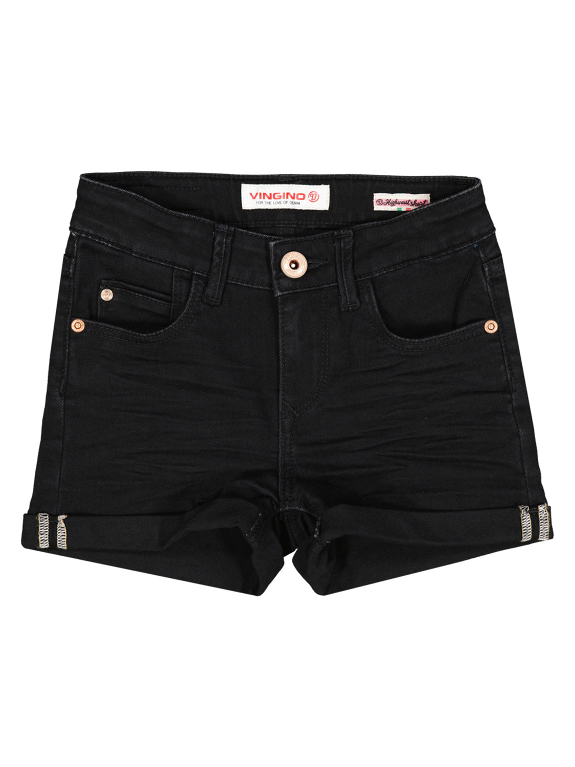 Jeans-Shorts DAIZY in Schwarz mit umgeschlagenem Saum, fünf Taschen, Gürtelschlaufen, Knopf- und Reißverschluss, geeignet für stilvolle Kindermode von VINGINO.