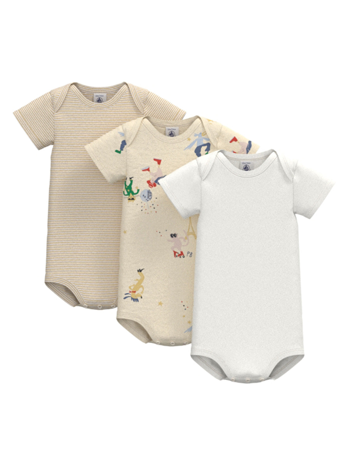 Kurzarmbody FUNKY 3er-Set in creme: Drei Baby-Bodys, einer gestreift, einer mit verspieltem Muster, einer einfarbig, alle mit Umschlagkragen und Druckknöpfen.