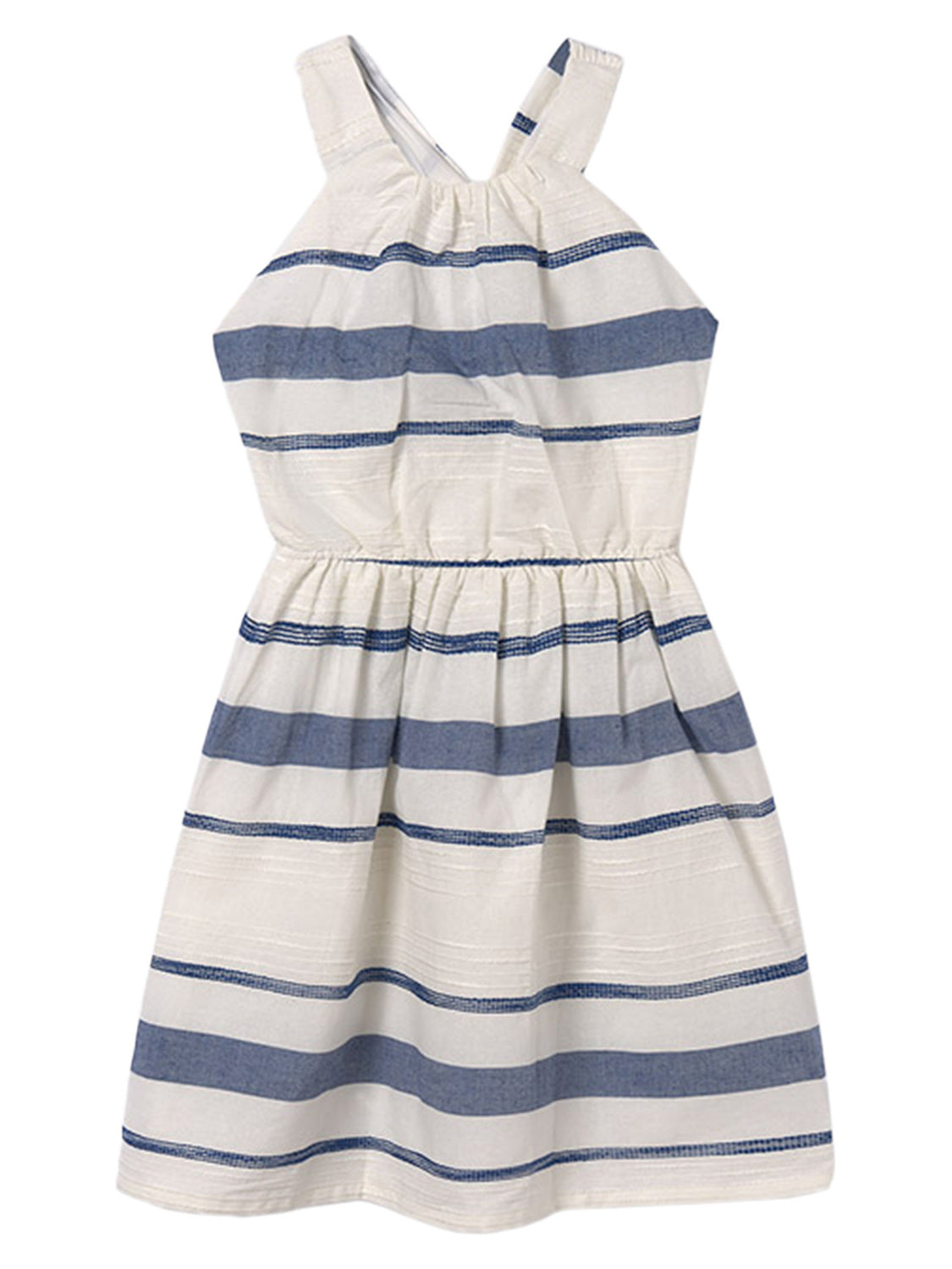 Trägerkleid CHLOE BLUE STRIPES in kobalt: Ärmelloses Sommerkleid mit Halterneck, elastischer Taille und breiten blauen Streifen auf weißem Hintergrund, ideal für stilvolle Sommeranlässe.
