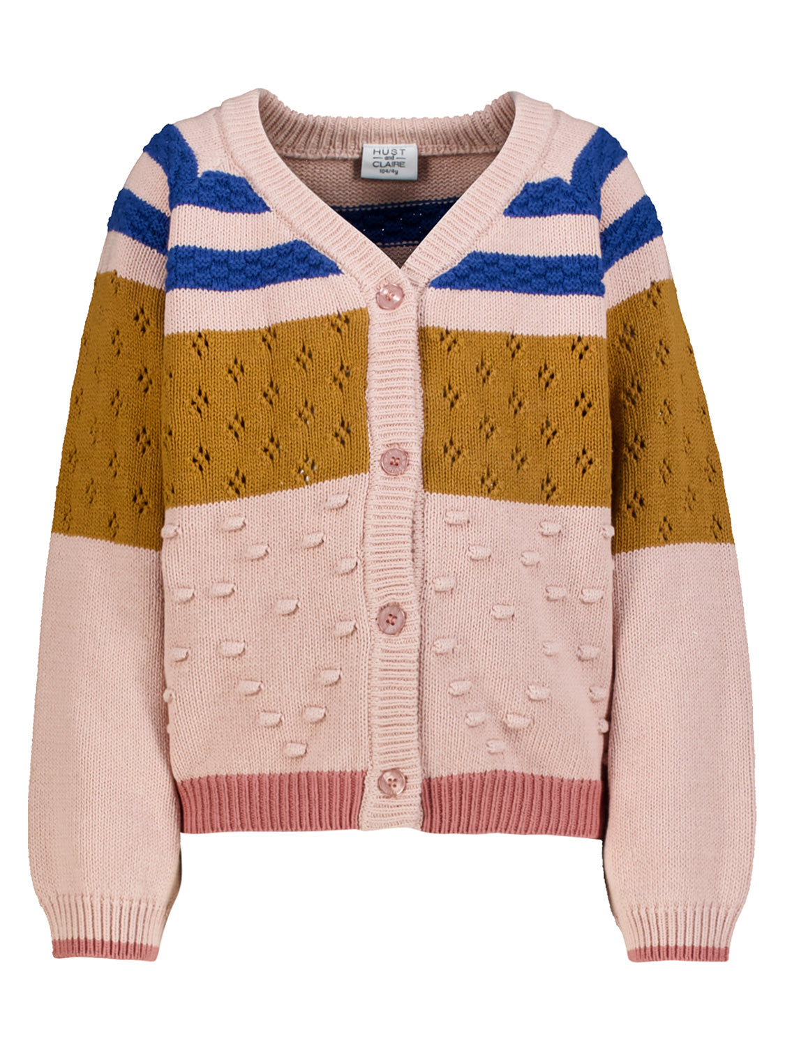 Strickjacke Beige mit Knopfleiste, Farbblock-Design in Rosa, Blau und Gelb, ideal für Kinder. Perfekt für Alltag und besondere Anlässe.