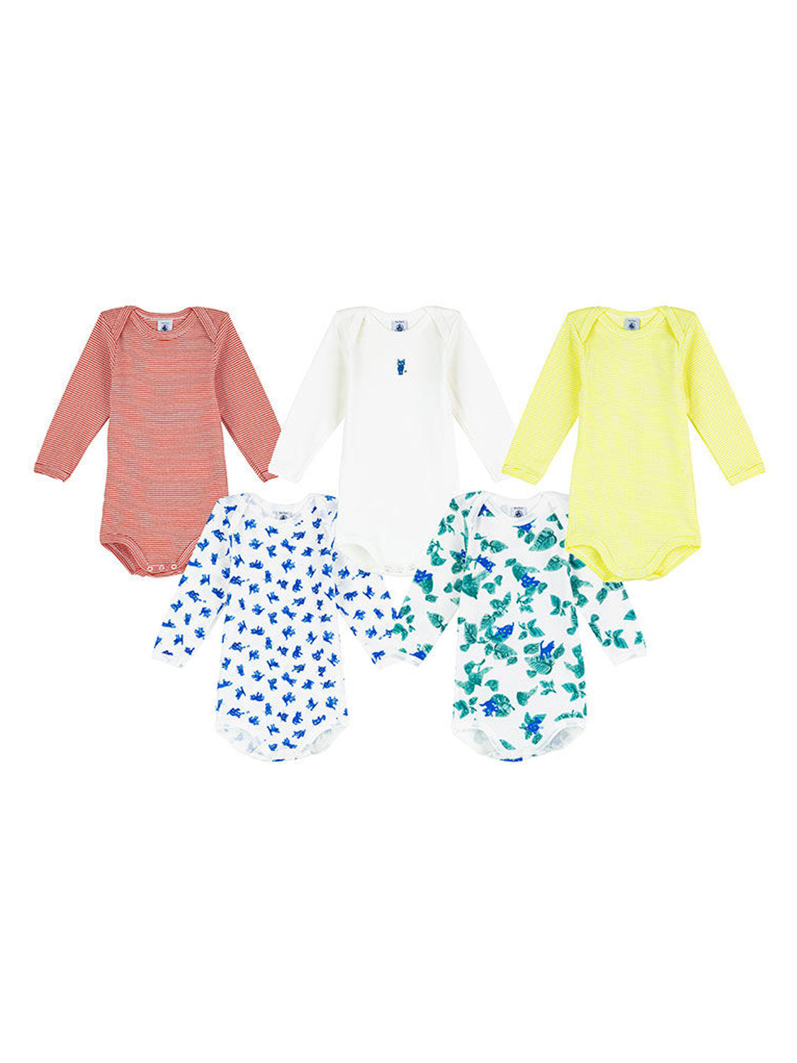 Langarm-Body KATZEN 5er Pack in bunt: Sechs Baby-Bodys mit verschiedenen Mustern, darunter Streifen, Tier- und Blattmuster, ideal für bequeme und stilvolle Babymode.