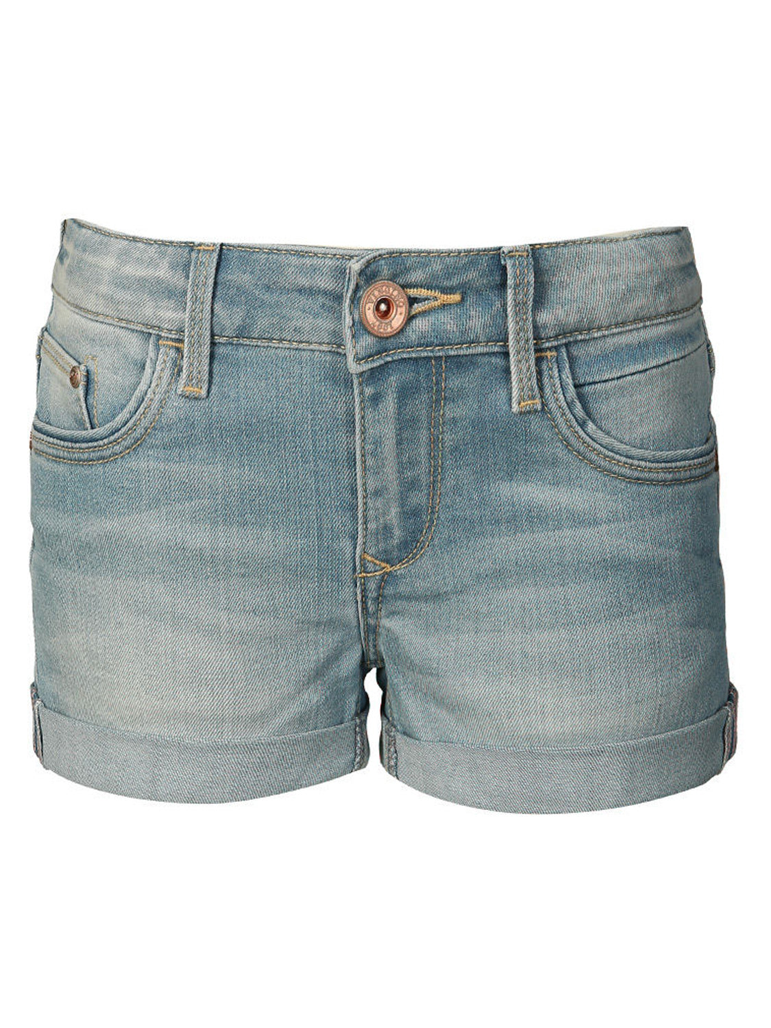 Jeans-Shorts DAMARA in Light Indigo mit umgeschlagenem Saum, Knopf- und Reißverschluss, Gürtelschlaufen und klassischem Fünf-Taschen-Design, perfekt für modische Babymode und Kindermode bei bellybutton.