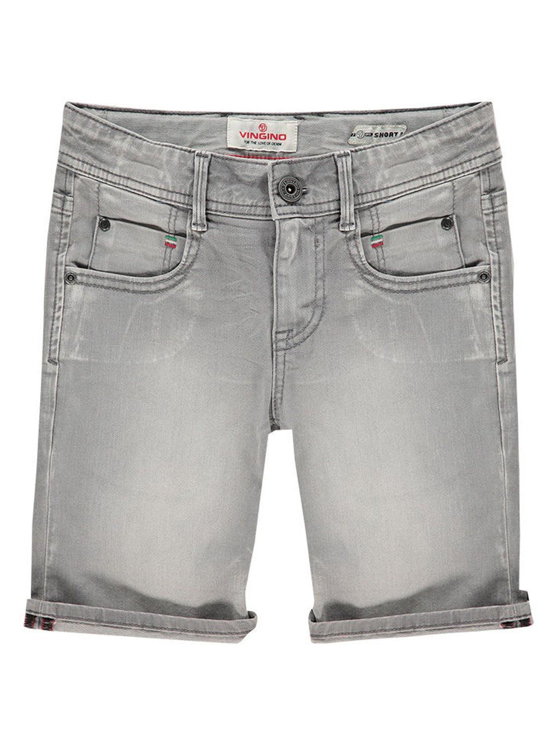 Jeans-Bermudas CHARLIE in light grey von VINGINO, mit Knopf- und Reißverschluss, Gürtelschlaufen, zwei Vordertaschen und umgeschlagenem Saum, ideal für modische Kinder.