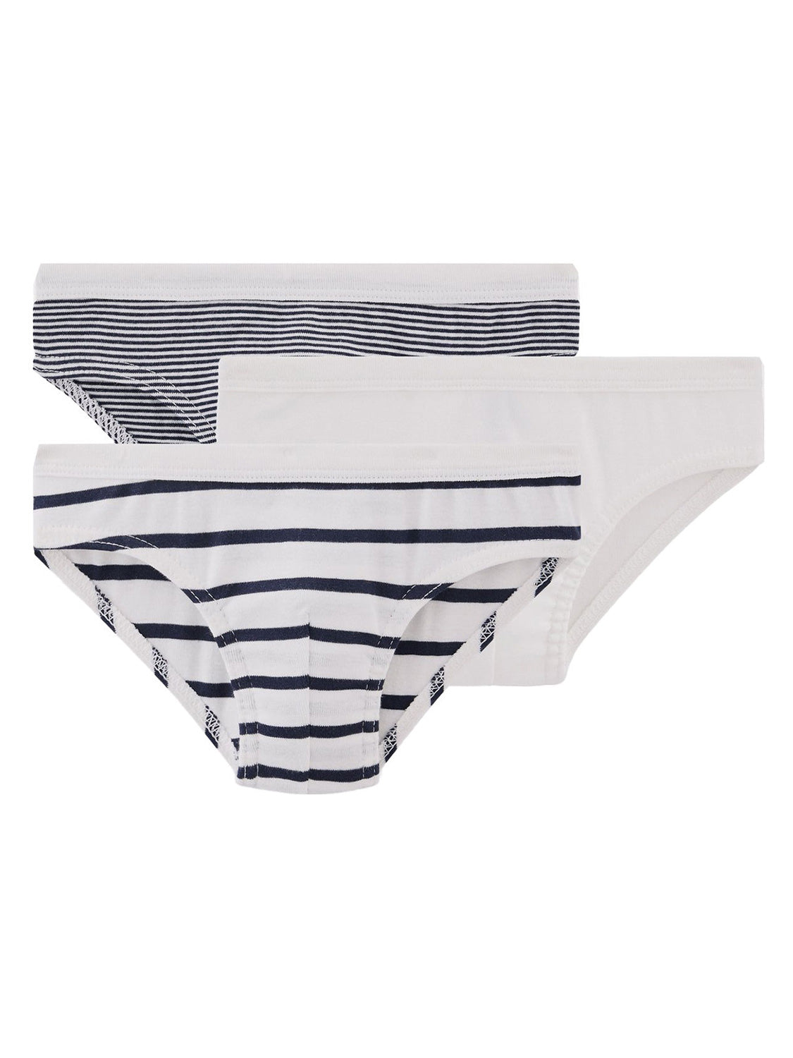 Drei Damen-Bikini-Slips im Unterhose BOOT 3er-Pack: zwei weiß mit navy Streifen (fein und breit), einer unifarben weiß. Perfekt für Komfort und Stil.