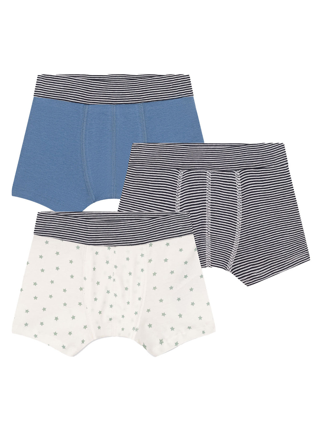 Drei Boxershorts STARS 3er Pack: einfarbig blau, gestreift navy-weiß, weiß mit grünen Sternen. Alle mit gestreiftem Bund. Ideal für Kinder im bellybutton Stil.