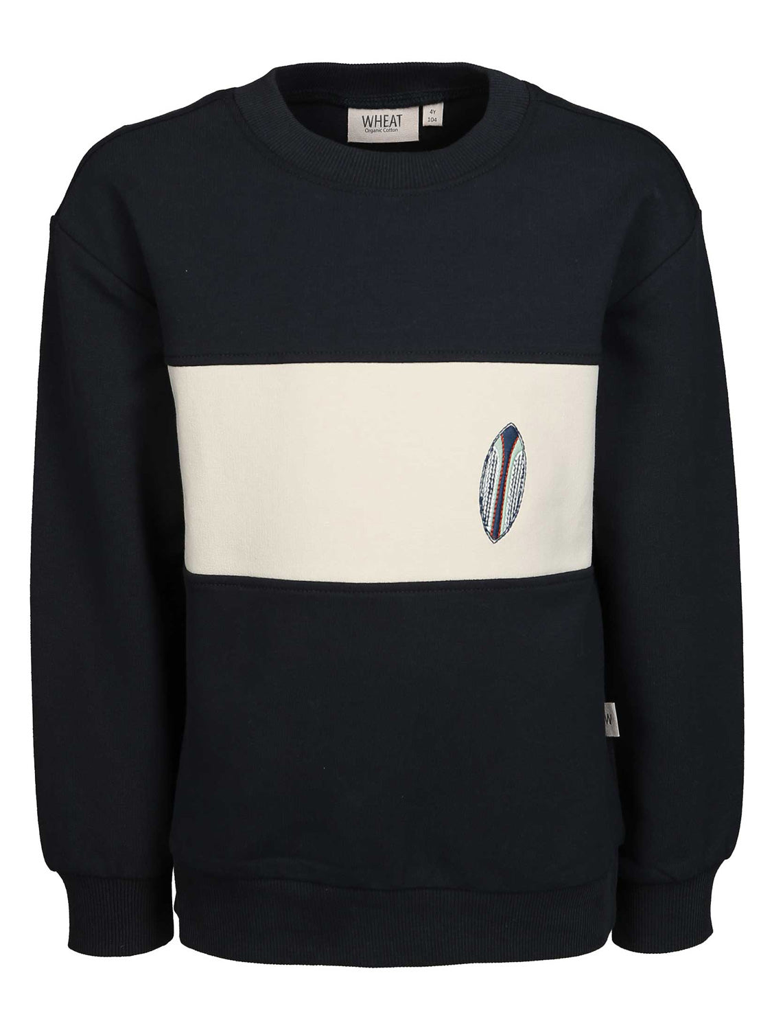 Sweatshirt Marineblau aus weicher Bio-Baumwolle, mit kontrastierendem, breitem Blockstreifen und einer kleinen Surfbrett-Stickerei auf der Brust, Größe 4Y/104.