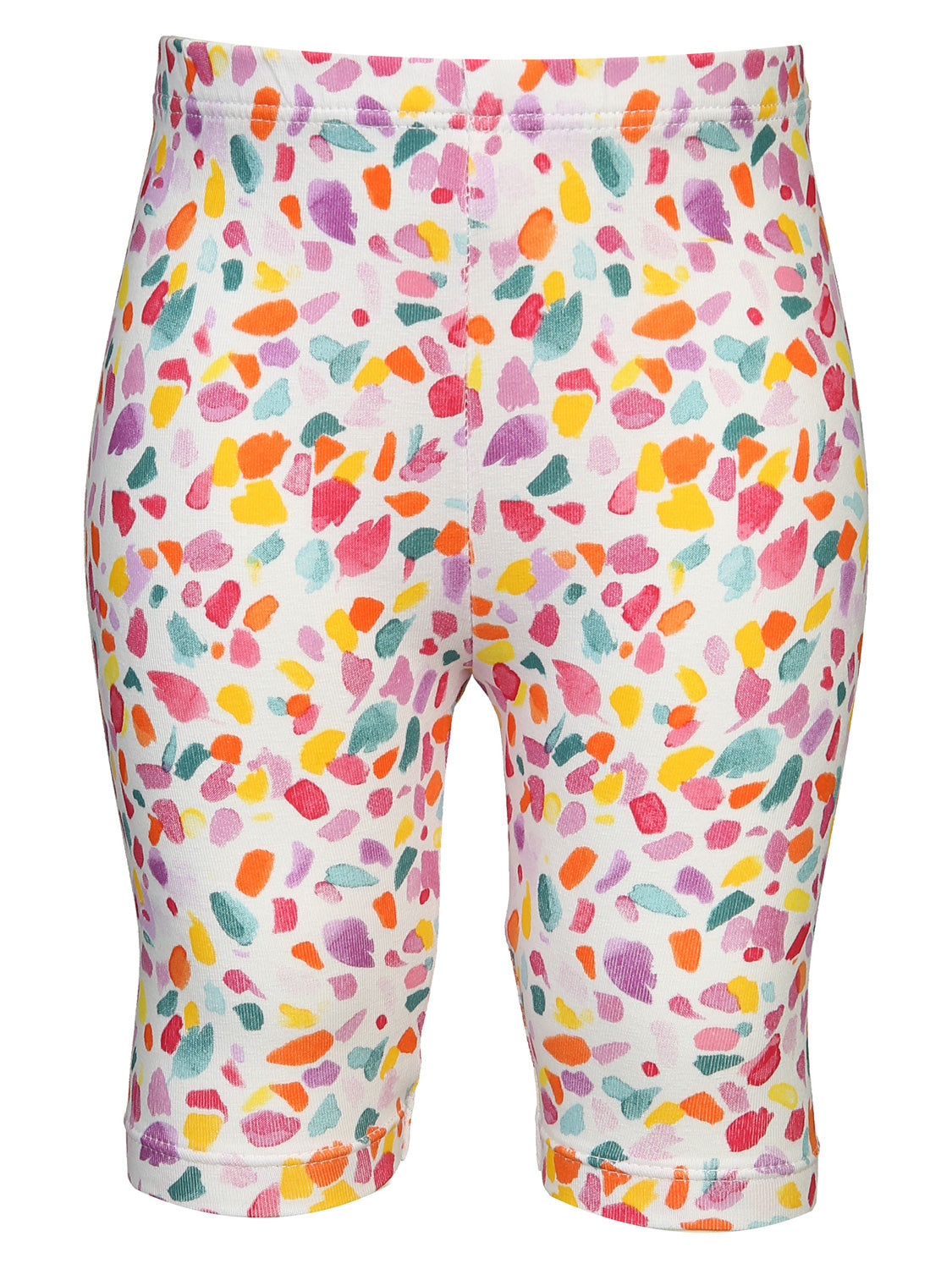 Leggings TERRAZZO in magenta: Kniehohe, eng anliegende Shorts mit elastischem Bund, bedruckt mit bunten Pinselstrichen, ideal für bequemen, stilvollen Look.