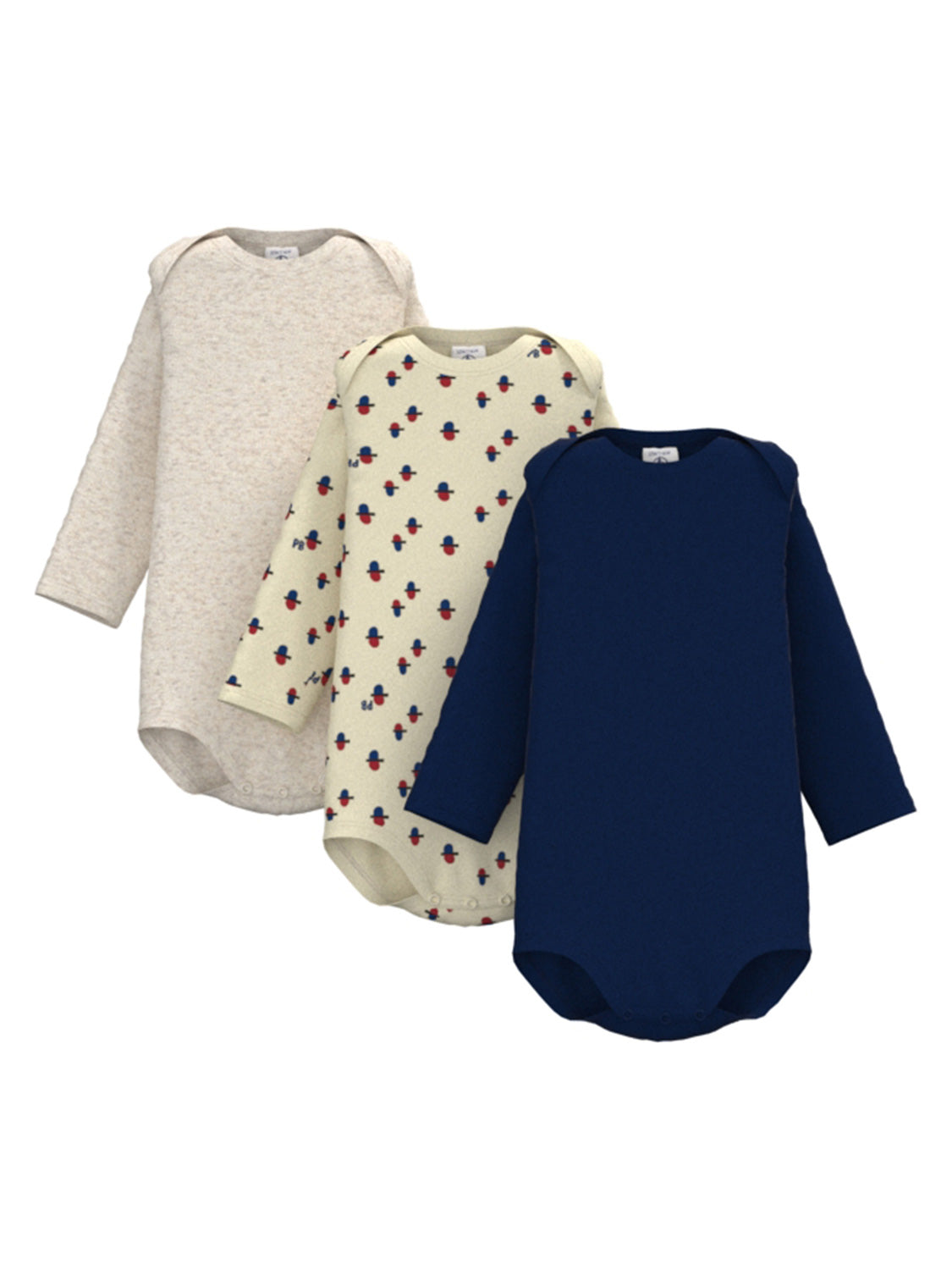 Langarmbody CASQUETTE 3er-Set in creme creme: Drei Langarm-Bodysuits für Babys, bestehend aus einem heathered, einem gemusterten und einem einfarbigen Design, ideal für Komfort und Stil.