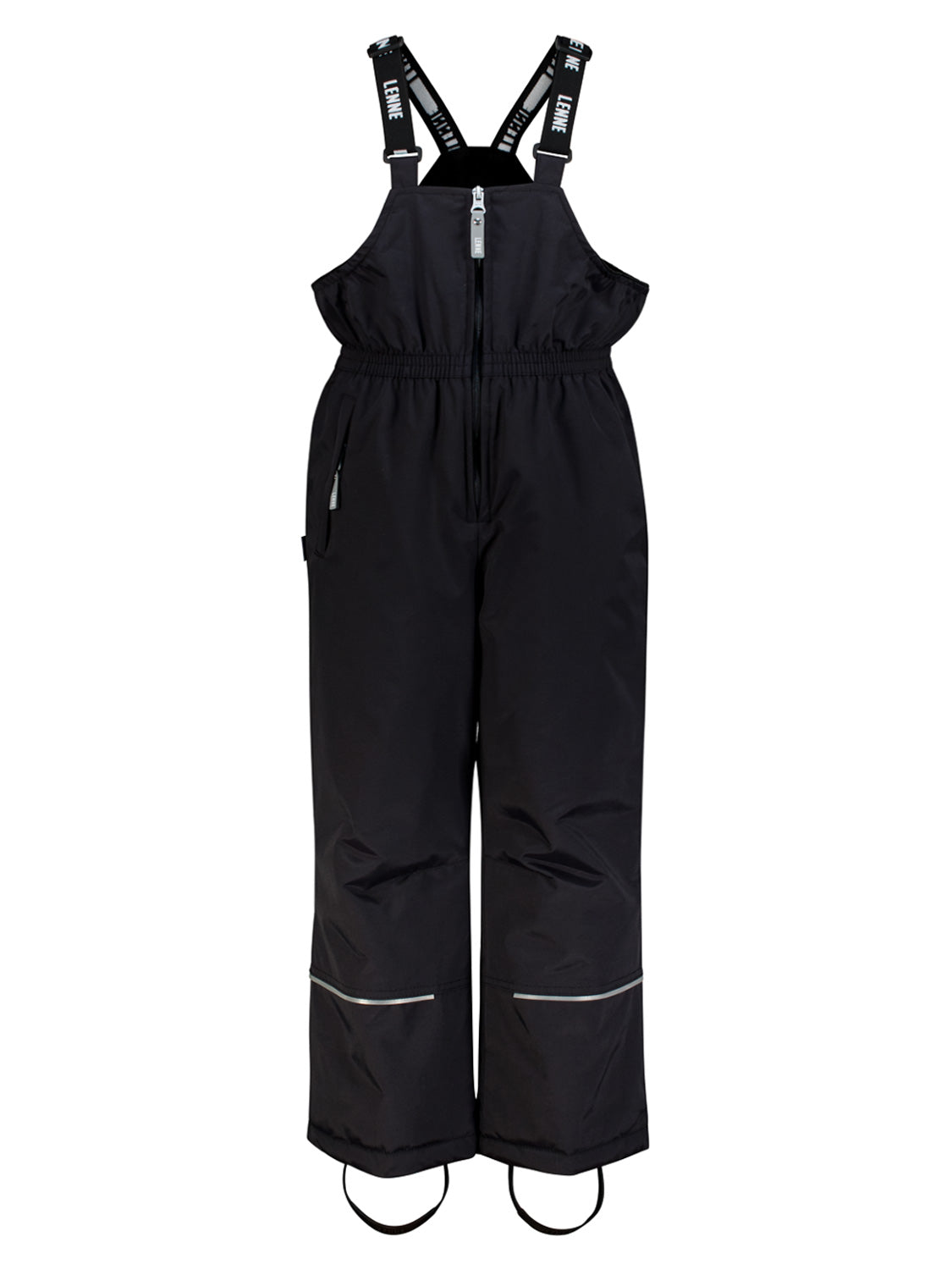 Schneehose Jack Schwarz: Isolierte Schneelatzhose mit verstellbaren Trägern, Frontreißverschluss, Seitentasche, reflektierenden Beinabschlüssen und Fußstegen, ideal für Winteraktivitäten.