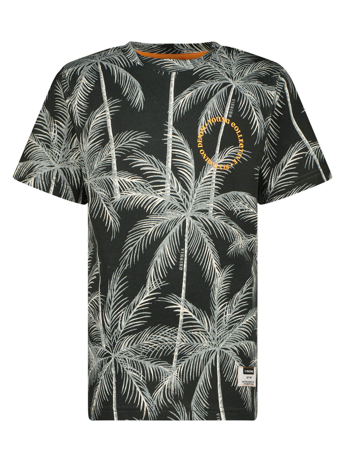 T-Shirt JESTO in graublau mit Palmenmuster, gelbem Logo auf der Brust und Markenschild am Saum. Ideal für stilbewusste Kinder, erhältlich bei bellybutton.