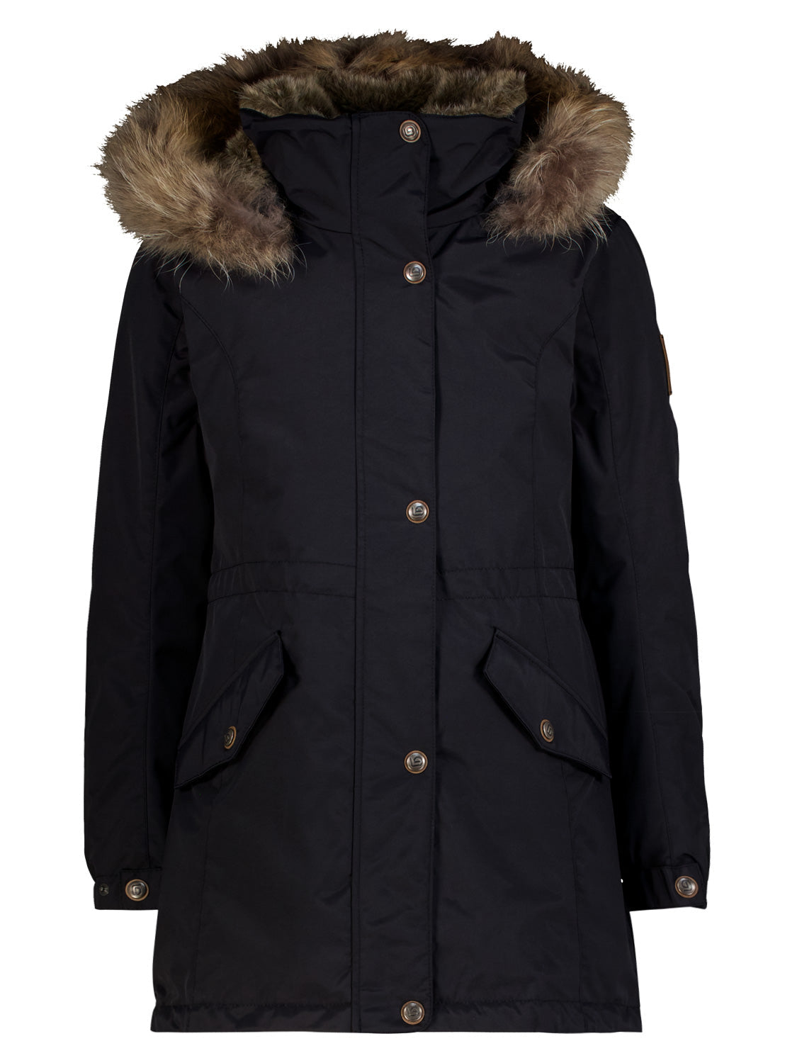 Winterjacke Ester Schwarz: Lange Parka mit Kapuze und Kunstfellbesatz, Druckknopfverschluss, schrägen Hüfttaschen und verstellbaren Ärmelbündchen. Perfekt für kalte Tage.