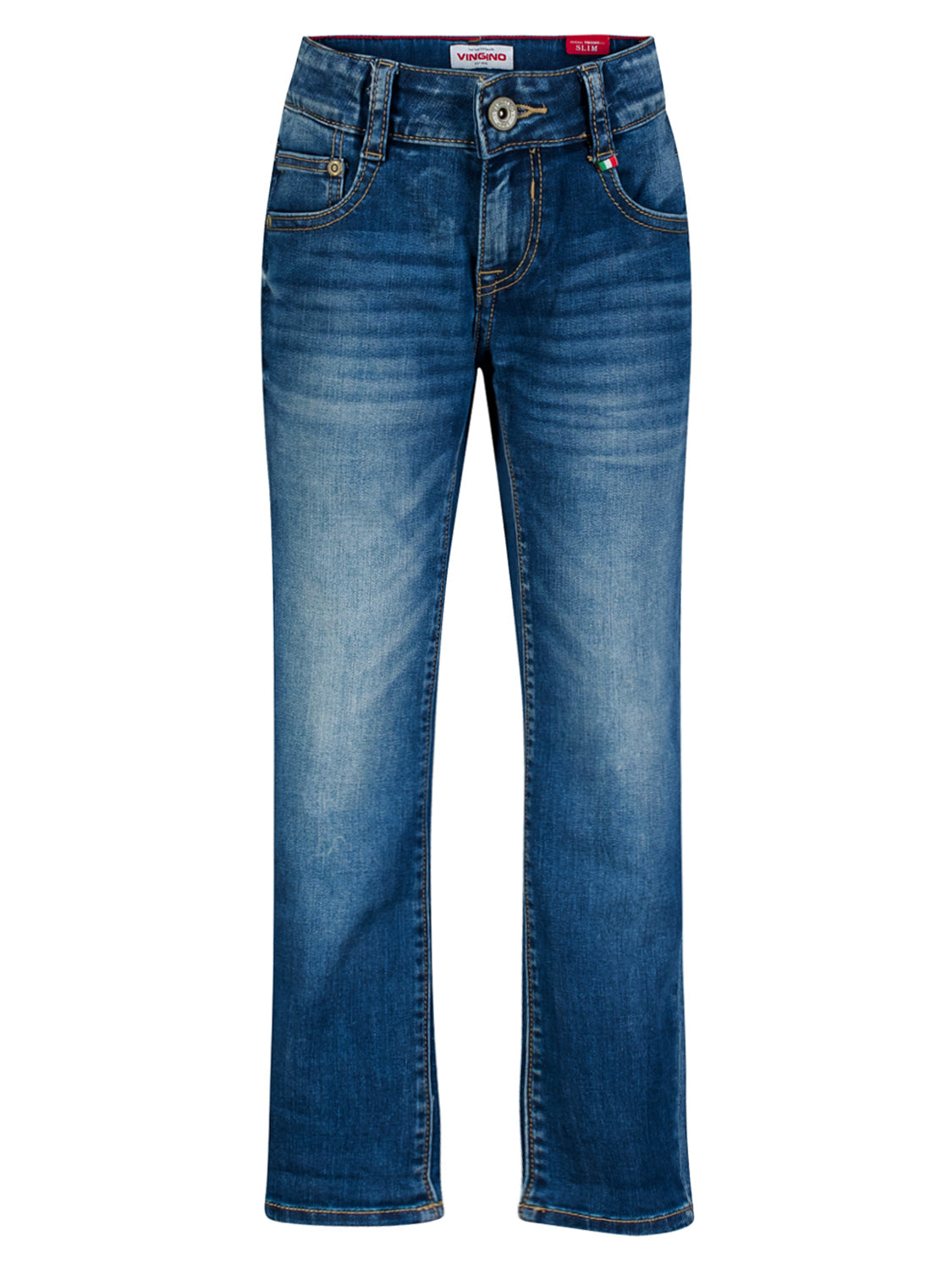 Jeans Blau: Slim-Fit-Jeans mit Bund, Gürtelschlaufen, Knopf, Reißverschluss, Taschen und dezenter Waschung an Oberschenkeln und Knien. Perfekt für stilvolle Anlässe bei bellybutton.