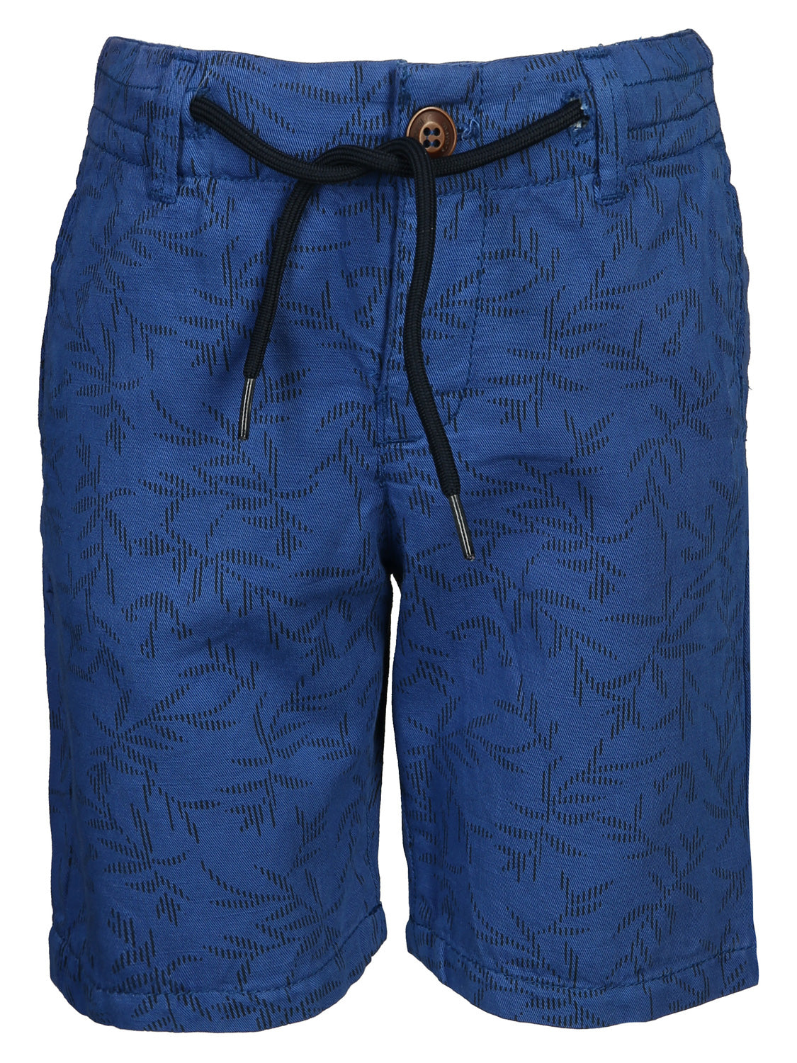 Bermudas LINNEN in blau: Herren-Casual-Shorts mit dezentem Allover-Print, elastischem Bund mit Gürtelschlaufen, schwarzem Kordelzug und Knopfverschluss, ideal für lässige Anlässe.