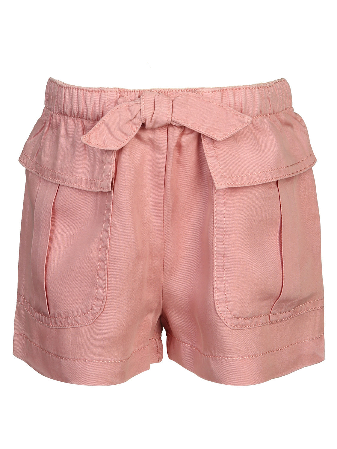 Shorts POCKETS in Rouge Rouge mit elastischem Bund, Schleife, großen aufgesetzten Taschen und Volantdetail unterhalb des Bundes, perfekt für stilvolle Kinder- und Babymode von bellybutton.
