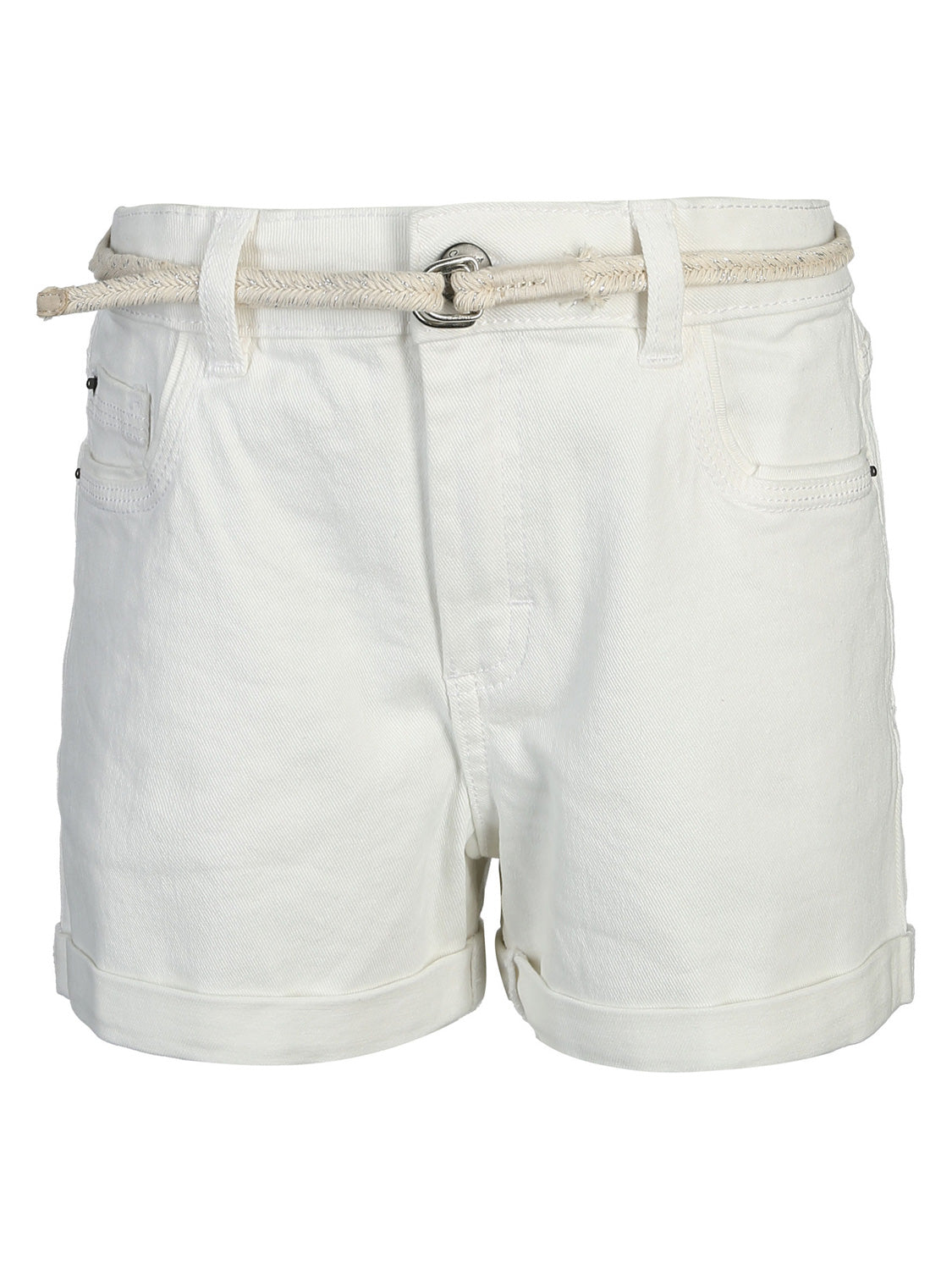 Frauen-Shorts SARGE mit Gürtel, weiße Denim-Shorts mit umgeschlagenem Saum, Gürtelschlaufen und Taschen, ergänzt durch einen dünnen Seilgürtel. Ideal für stilvolle Sommerlooks.